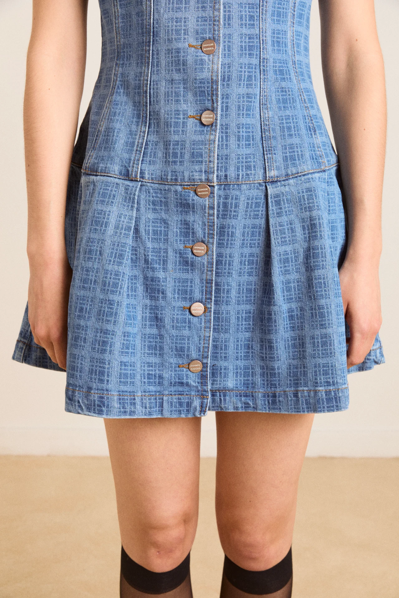 Adeline Denim Mini Dress - Laser Check - Image 10
