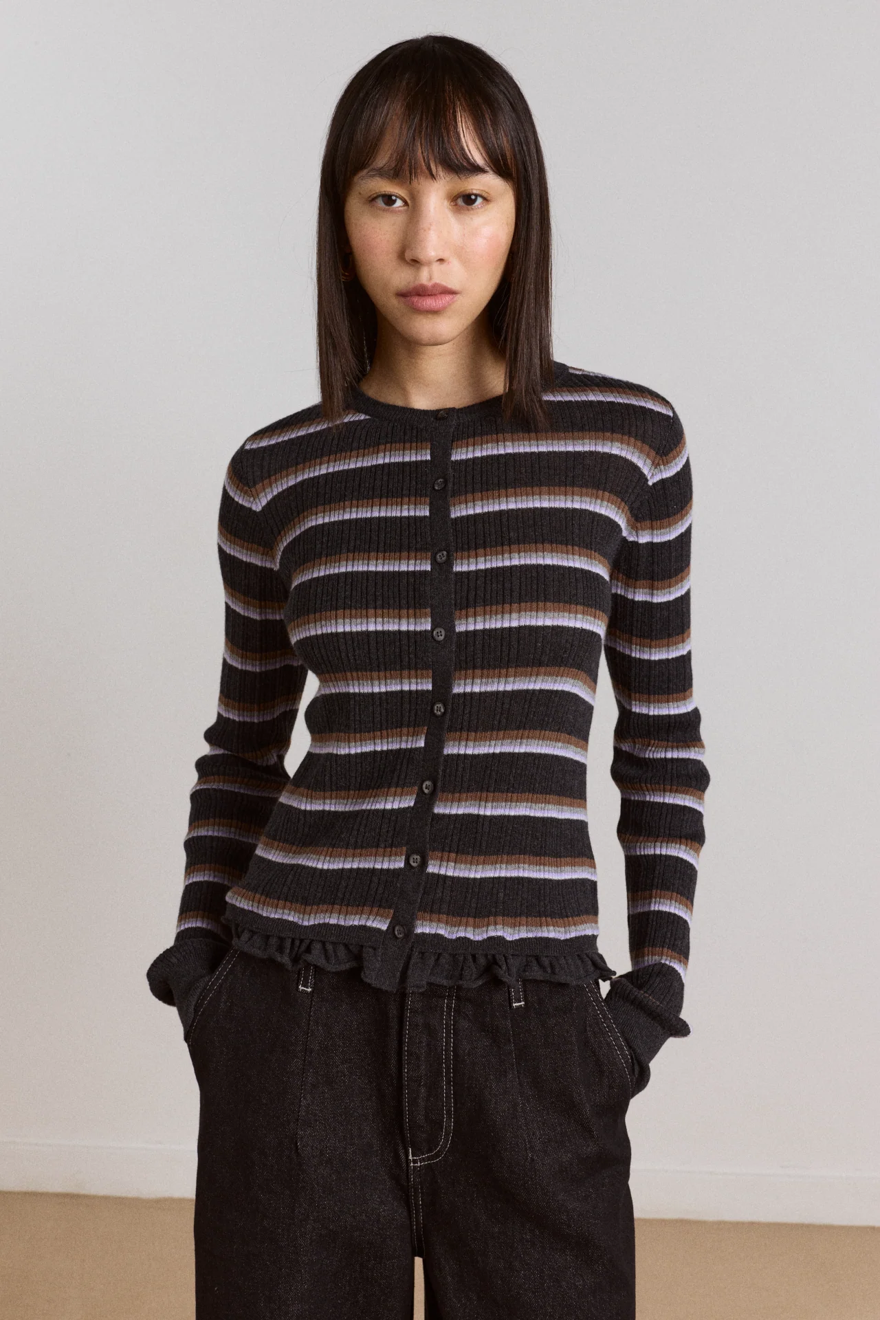 Anelis Cotton Merino Blend Cardigan- Multi Stripe - Image 2