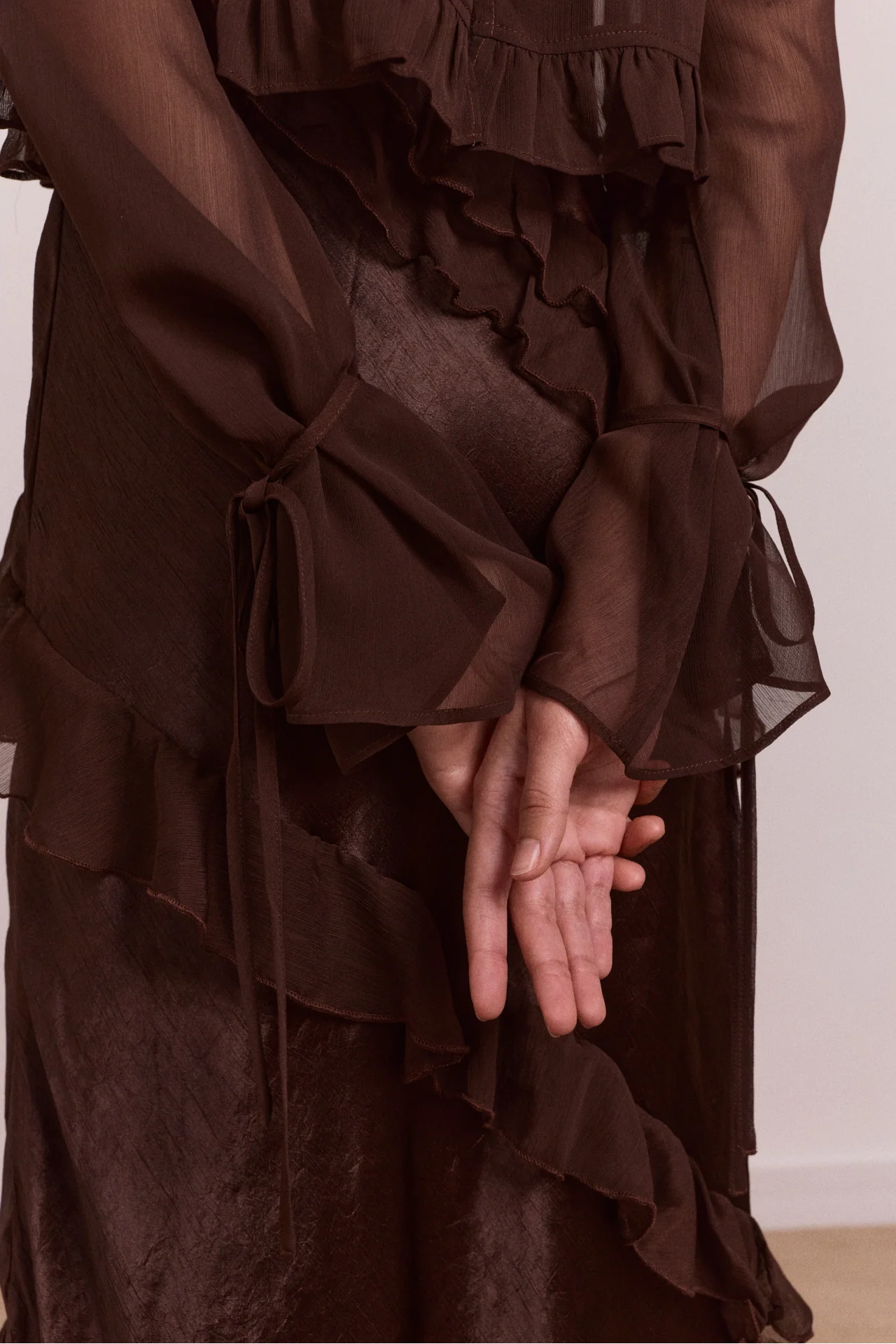 Carmen Midi Ruffle Dress With Sheer Top - Choc - Image 13