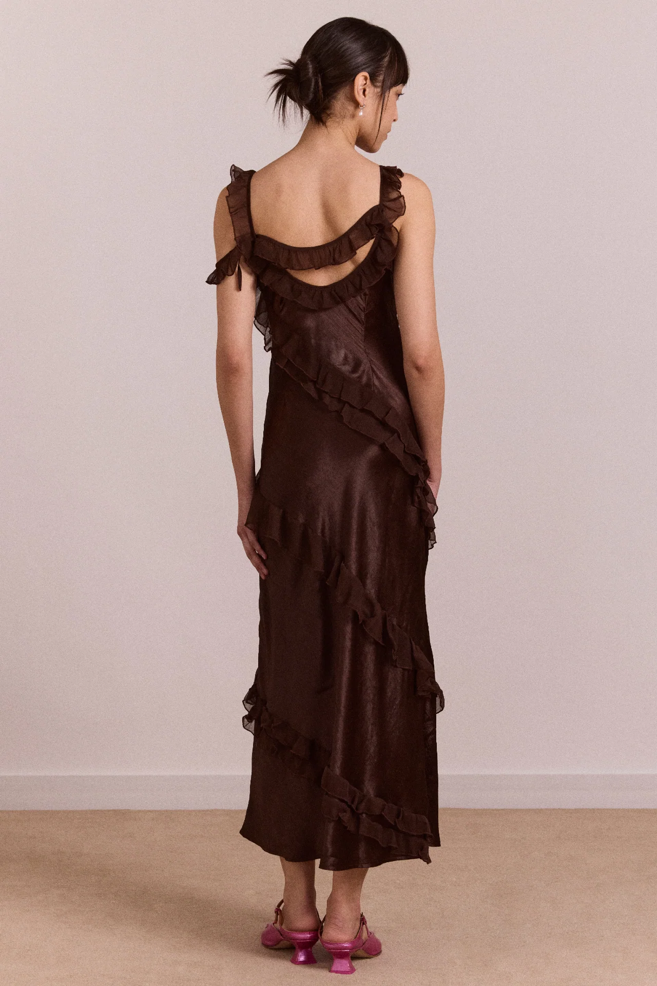 Carmen Midi Ruffle Dress With Sheer Top - Choc - Image 4