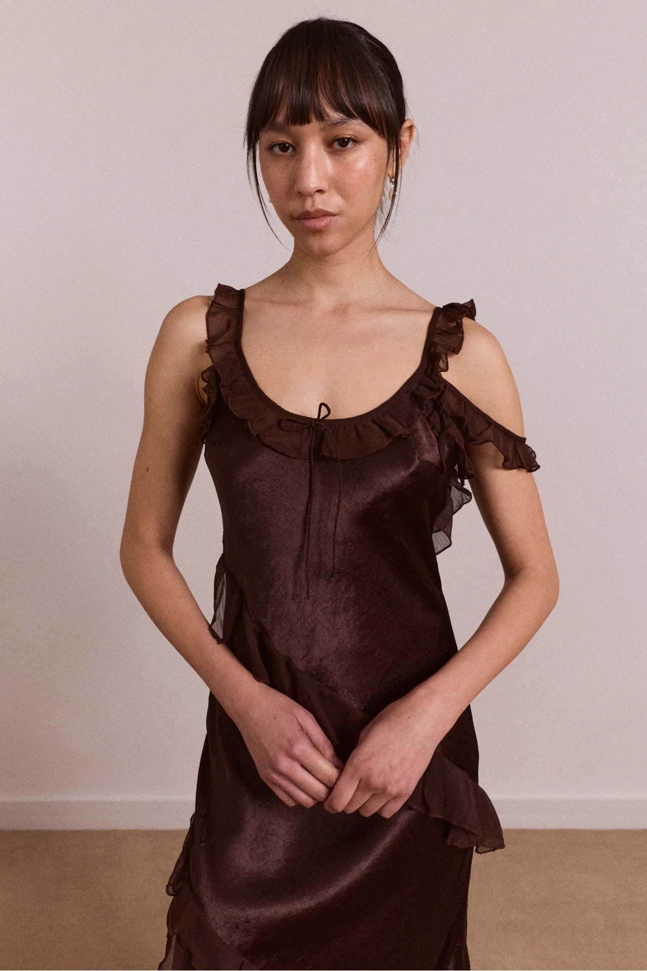 Carmen Midi Ruffle Dress With Sheer Top - Choc - Image 5