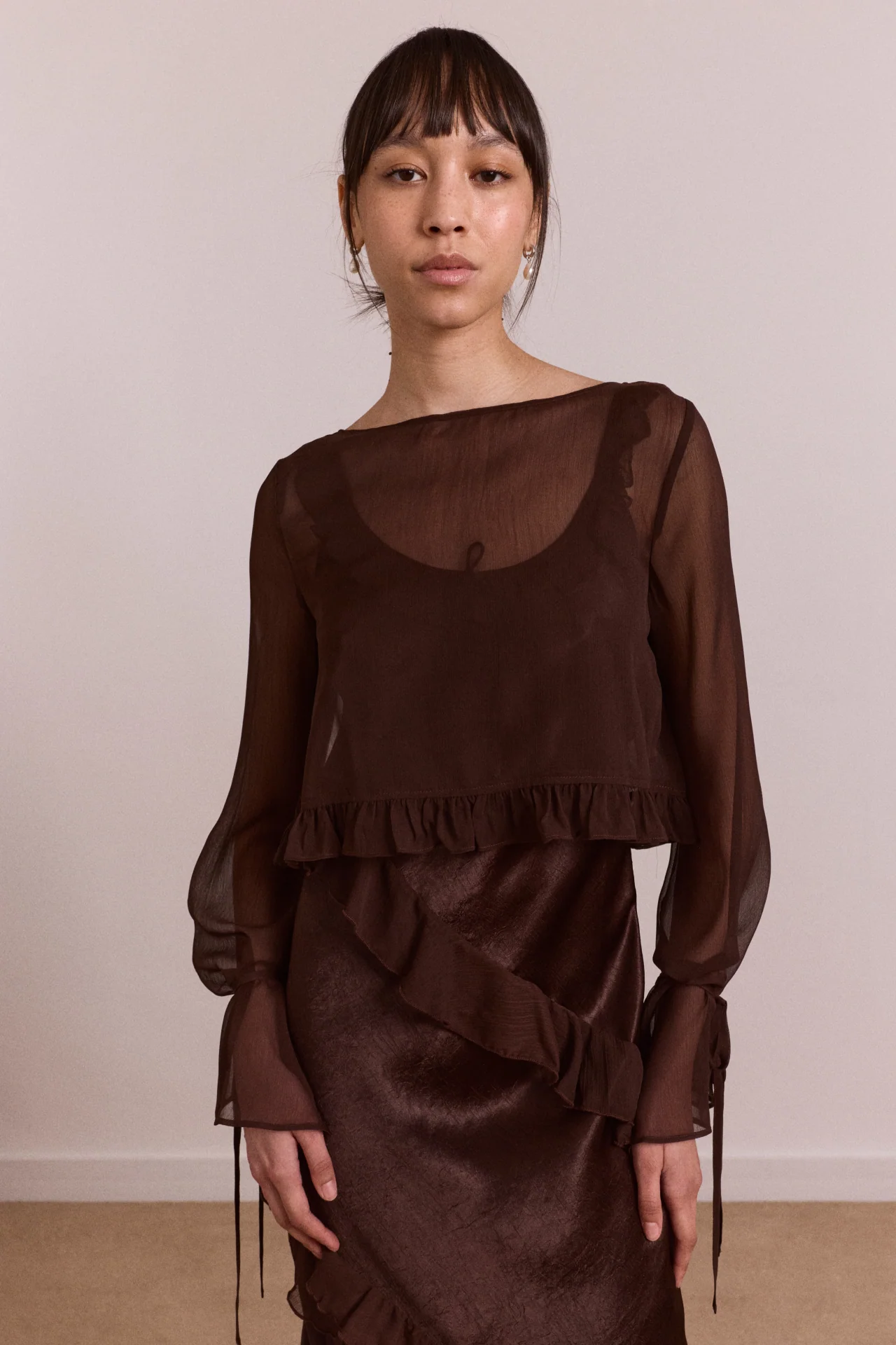 Carmen Midi Ruffle Dress With Sheer Top - Choc - Image 6