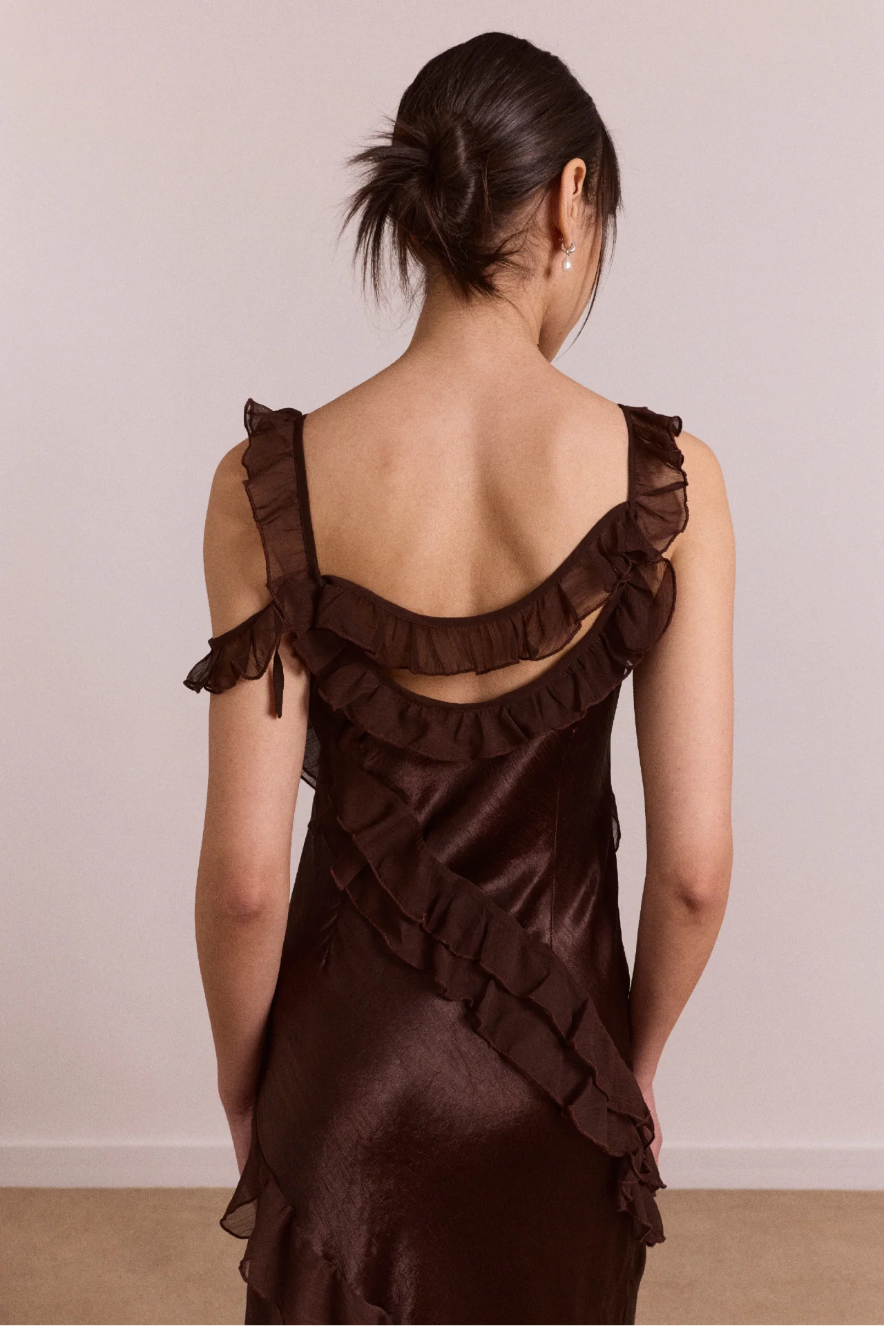 Carmen Midi Ruffle Dress With Sheer Top - Choc - Image 7