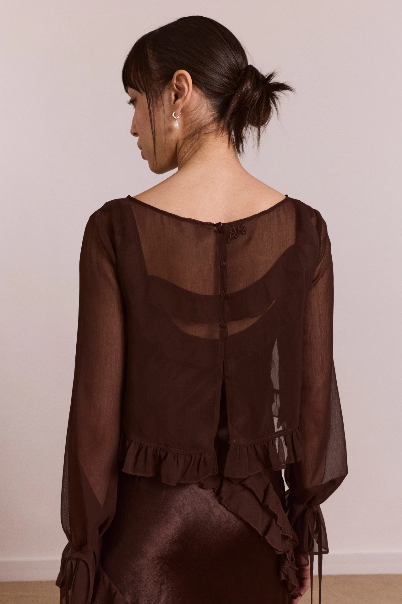 Carmen Midi Ruffle Dress With Sheer Top - Choc - Image 8