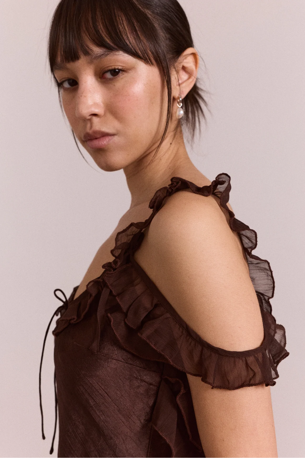 Carmen Midi Ruffle Dress With Sheer Top - Choc - Image 9