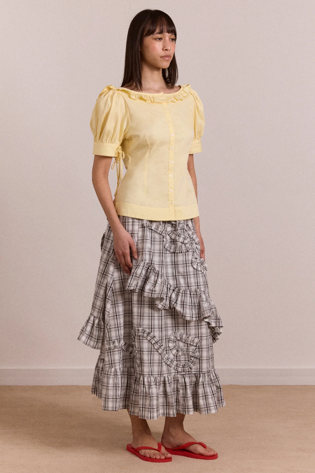 Catie Ruffle Midi Skirt - Greyscale Check - Image 3