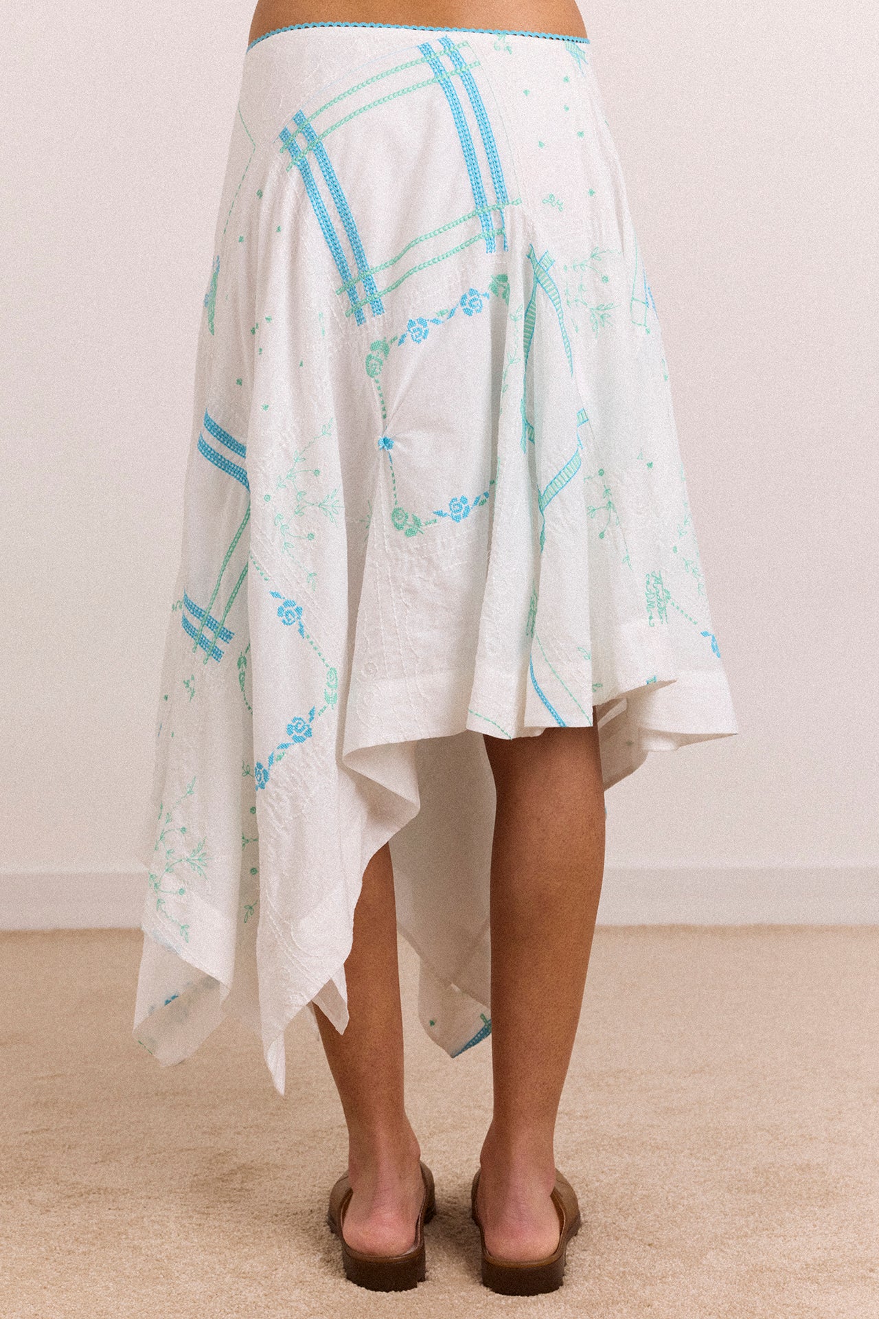 Corinne Hanky Hem Midi Skirt - White/Blue Embroidery - Image 3