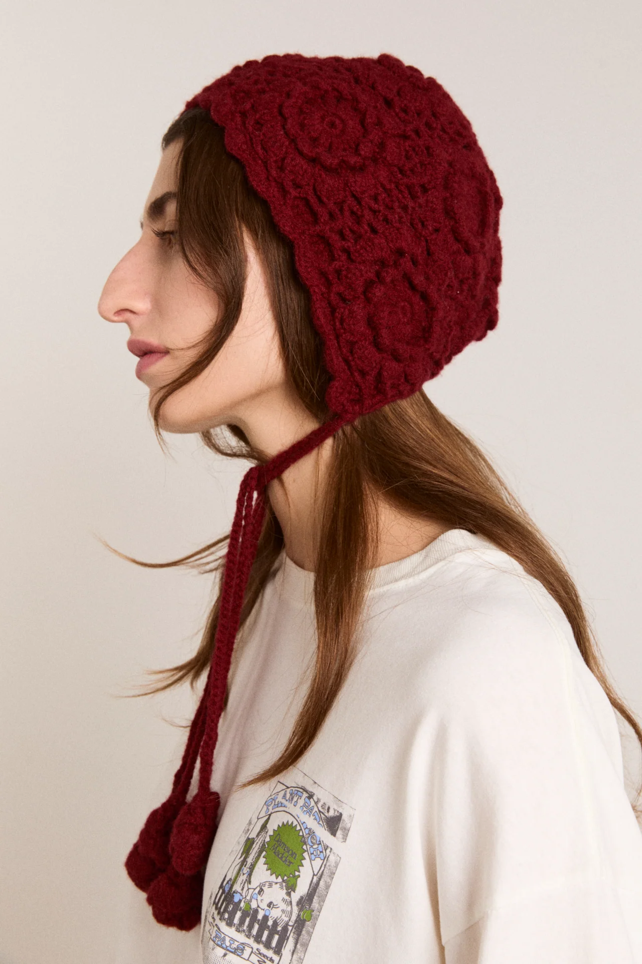 Crochet Bonnet - Burgundy - Image 3