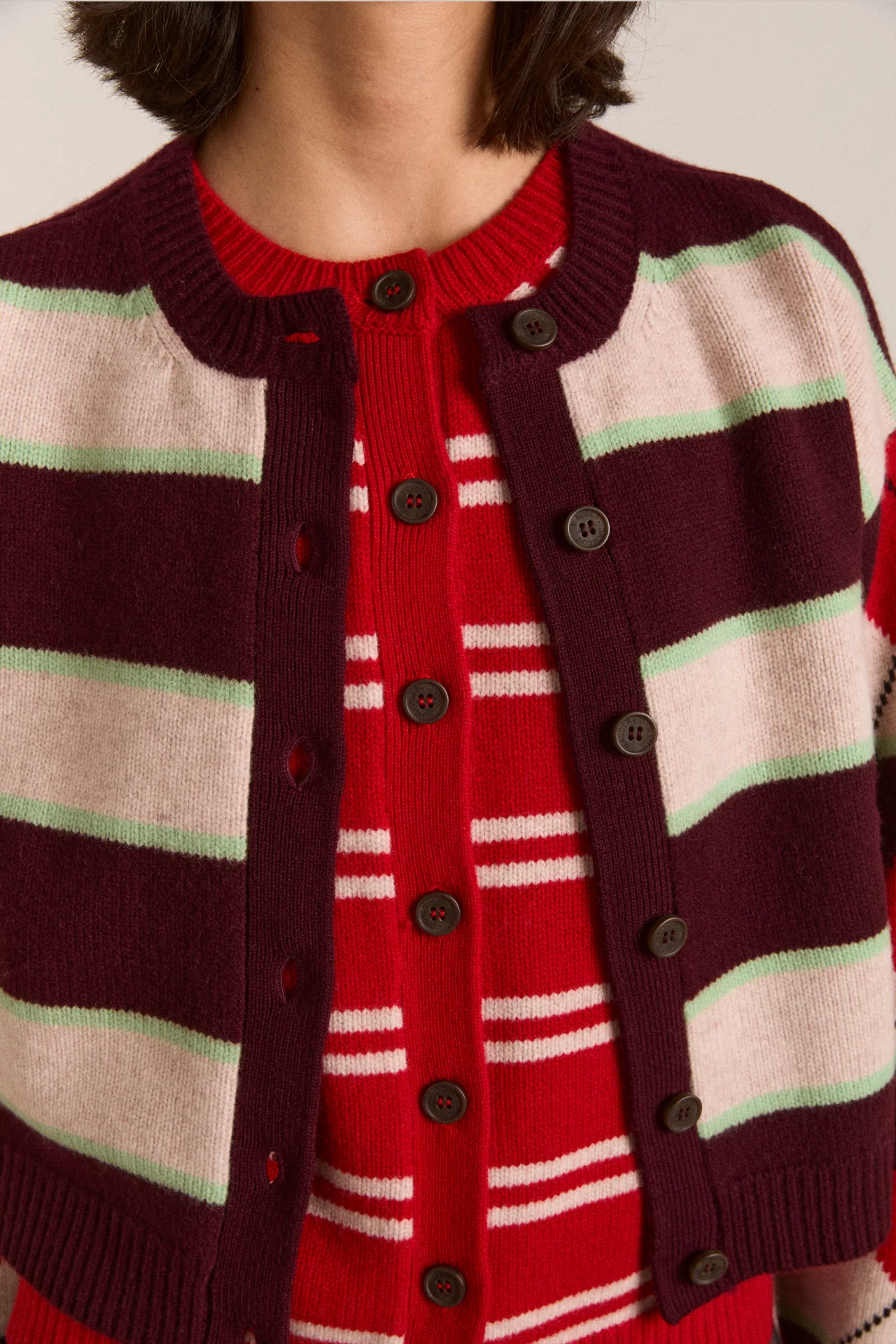 Didi Merino Wool Double Cardigan - Burg Argyle & Stripe - Image 6