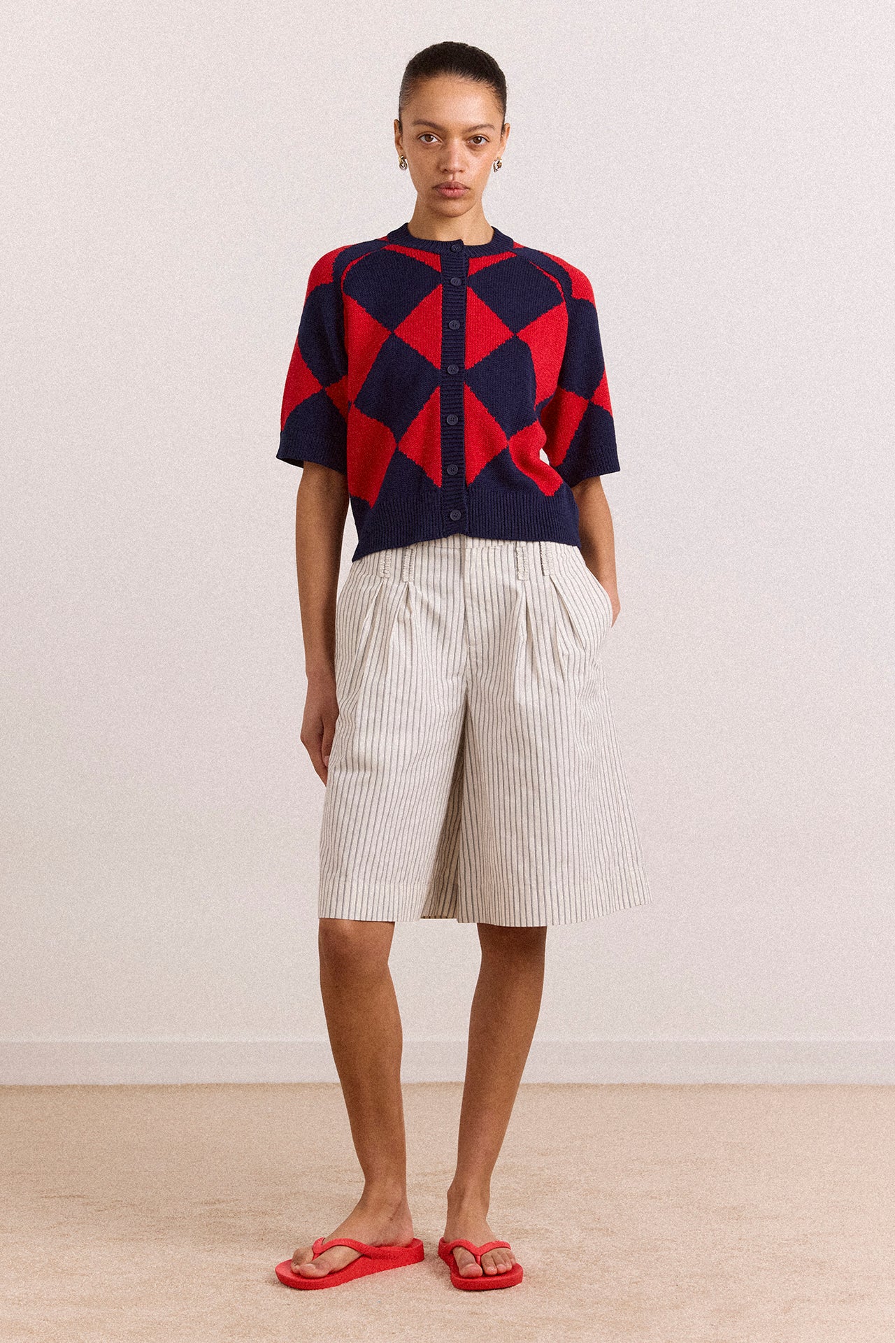 Edie Cotton Harlequin Cardigan - Red & Navy - Image 3