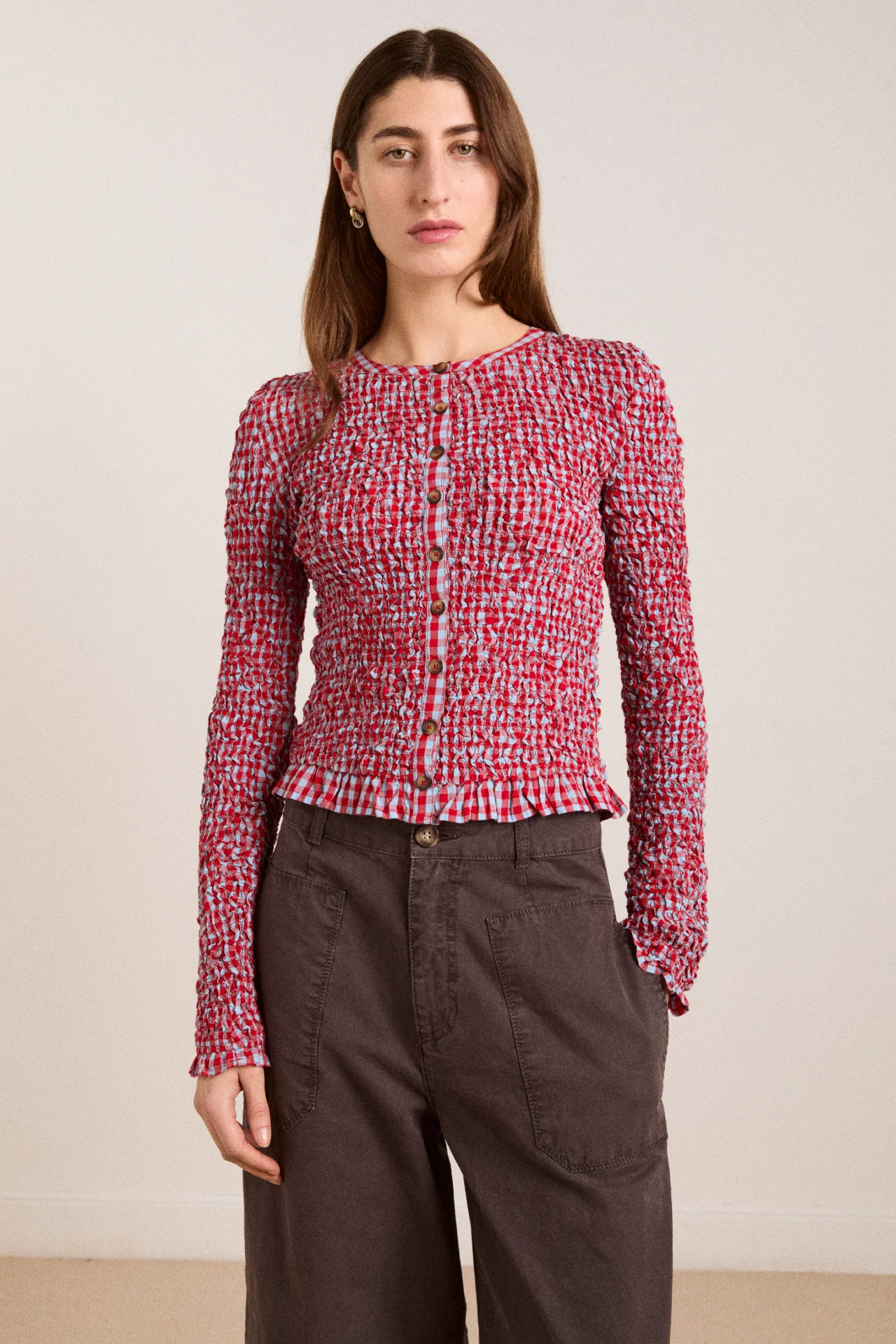 Elliana Smocked Cardi - Blue & Red Gingham - Image 2