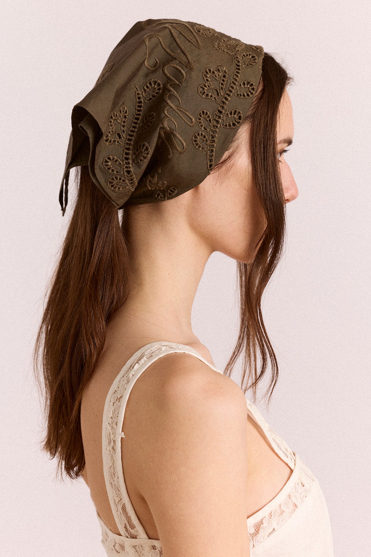 Embroidered Headscarf In Khaki - Image 2