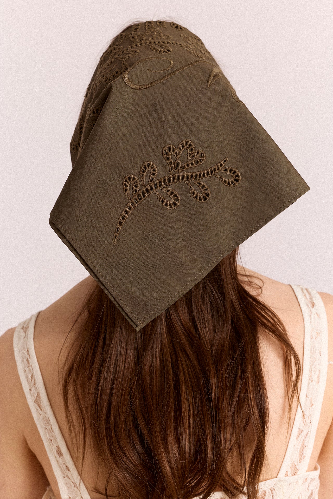 Embroidered Headscarf In Khaki - Image 3