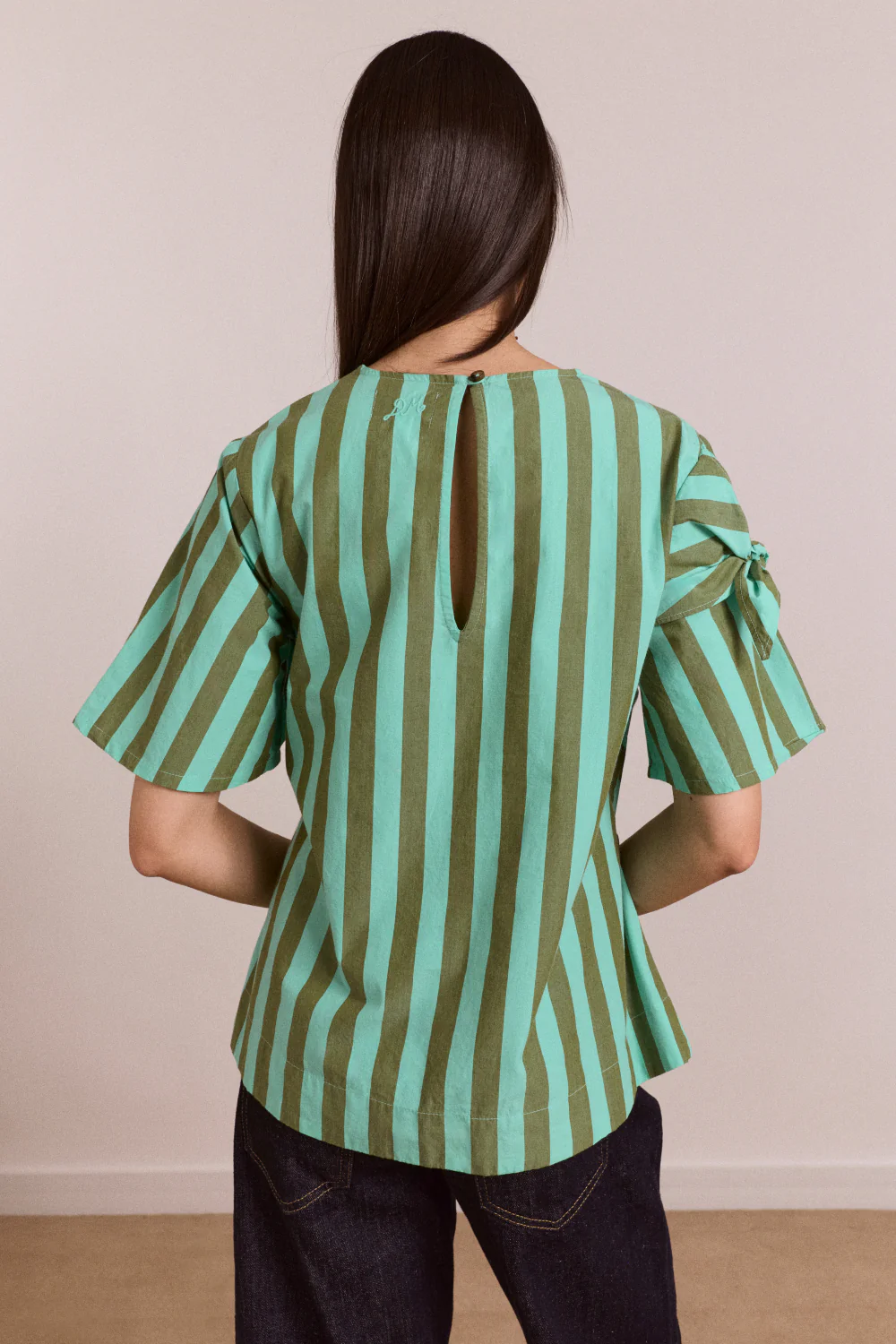 Estelle T-Shirt Blouse - Aqua Olive Stripe - Image 2