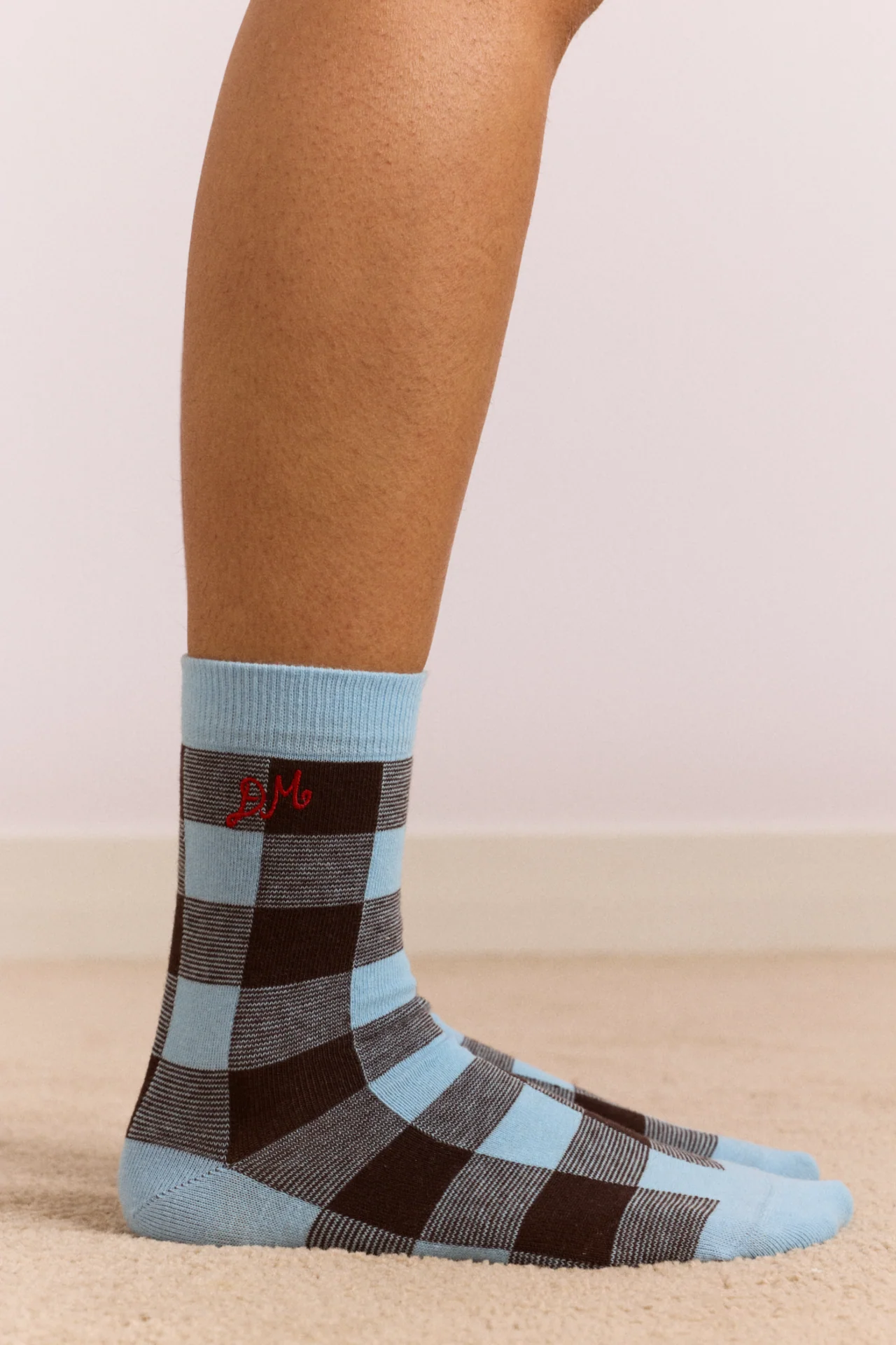 Calf Length Socks - Pale Blue & Choc Gingham - Image 2