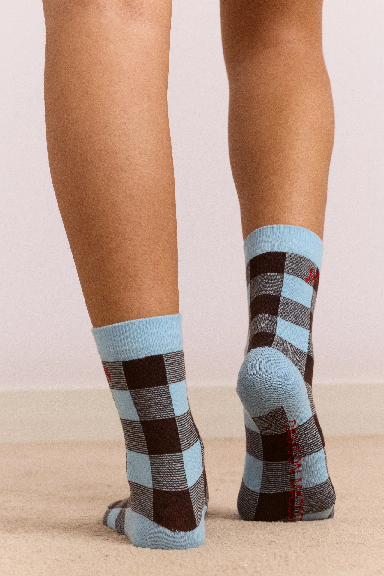 Calf Length Socks - Pale Blue & Choc Gingham - Image 3