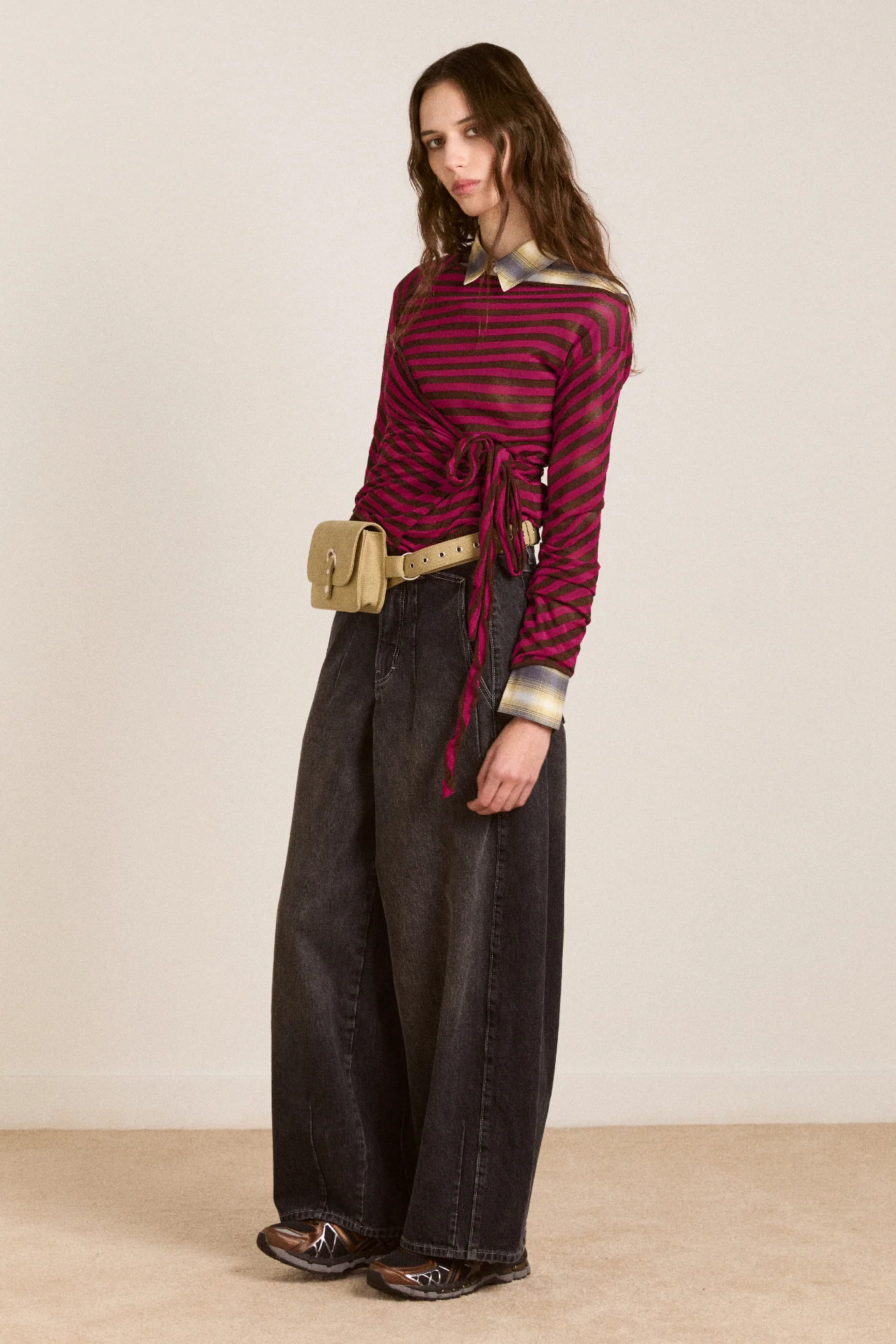 Hannie Wrap Tie Knitted Top - Pink Stripe
