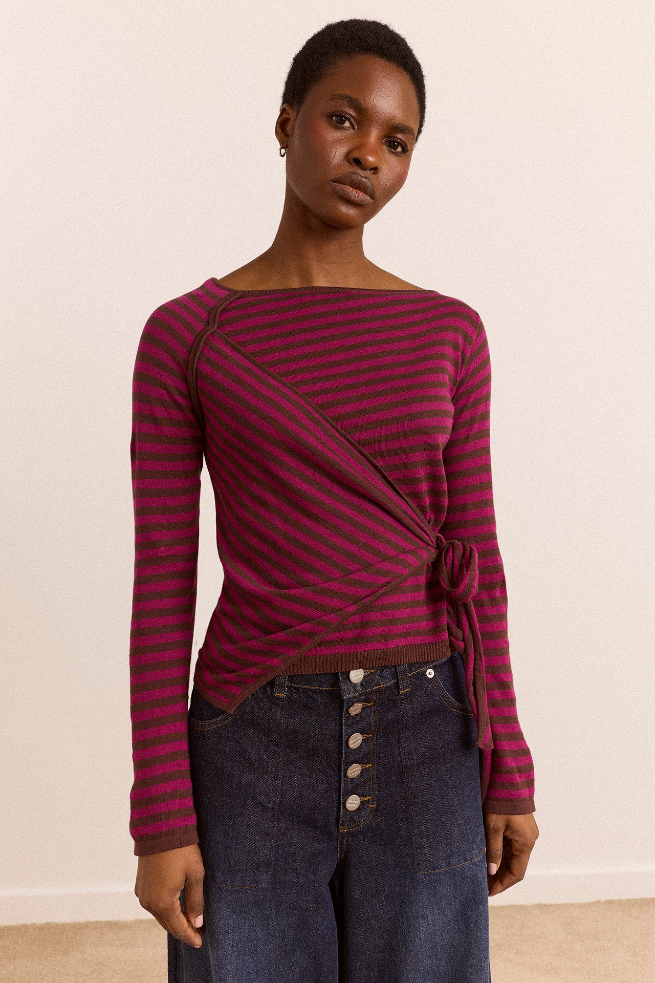 Hannie Wrap Tie Knitted Top - Pink Stripe - Image 2