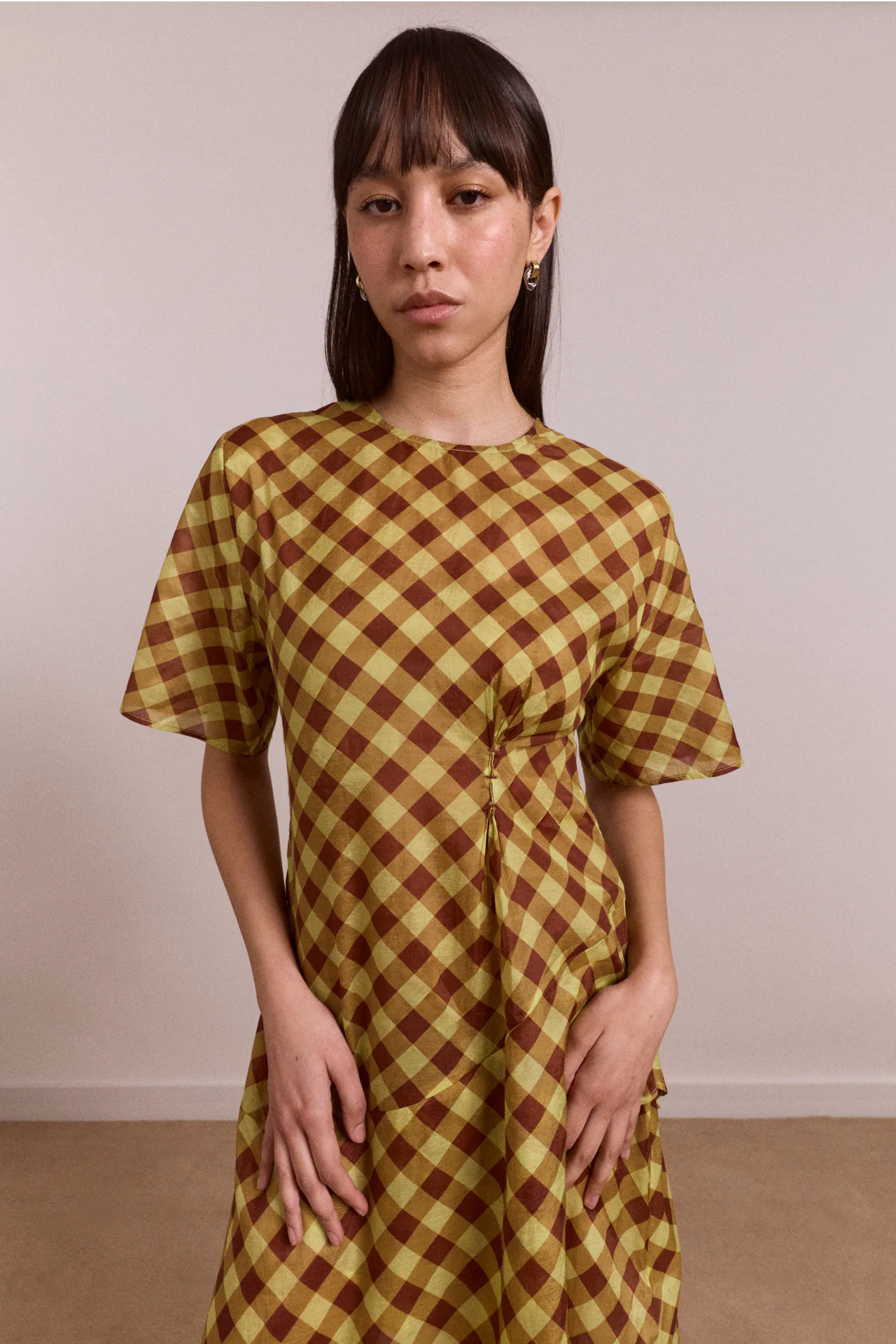 Harmony Sheer Midi Dress - Choc Avo Gingham - Image 2