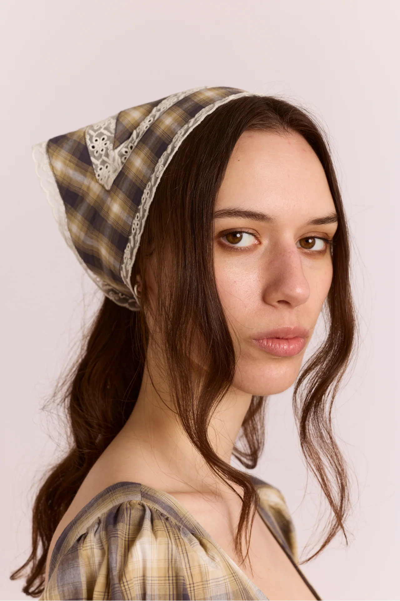 Headband With Lace Detail In Cardamon Check - Image 3