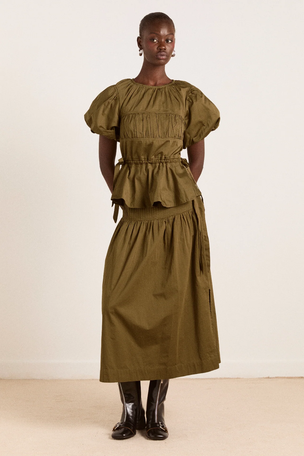 Josie Midi Skirt - Olive Cotton Satin - Image 4