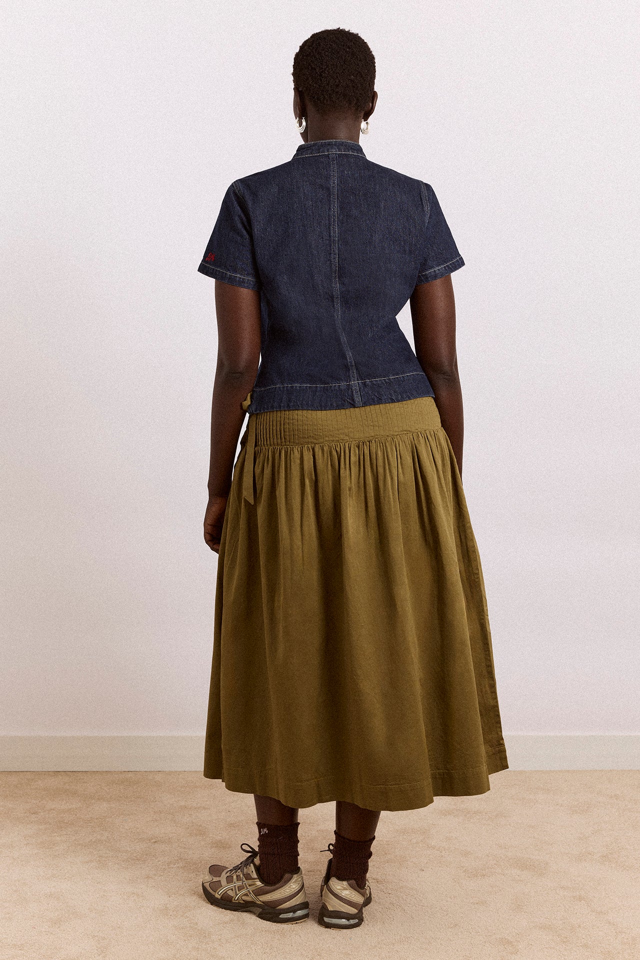 Josie Midi Skirt - Olive Cotton Satin - Image 7