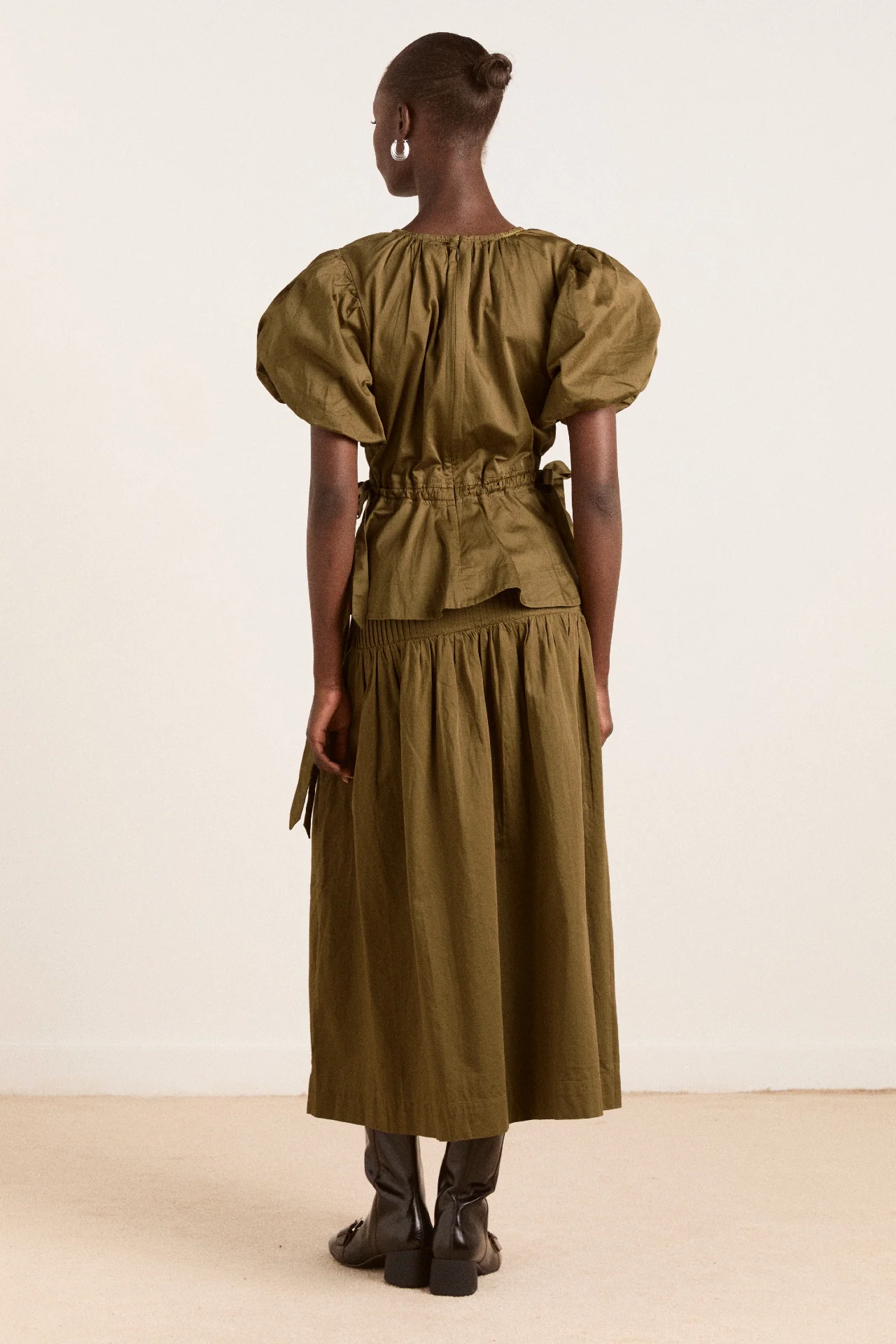 Josie Midi Skirt - Olive Cotton Satin - Image 8