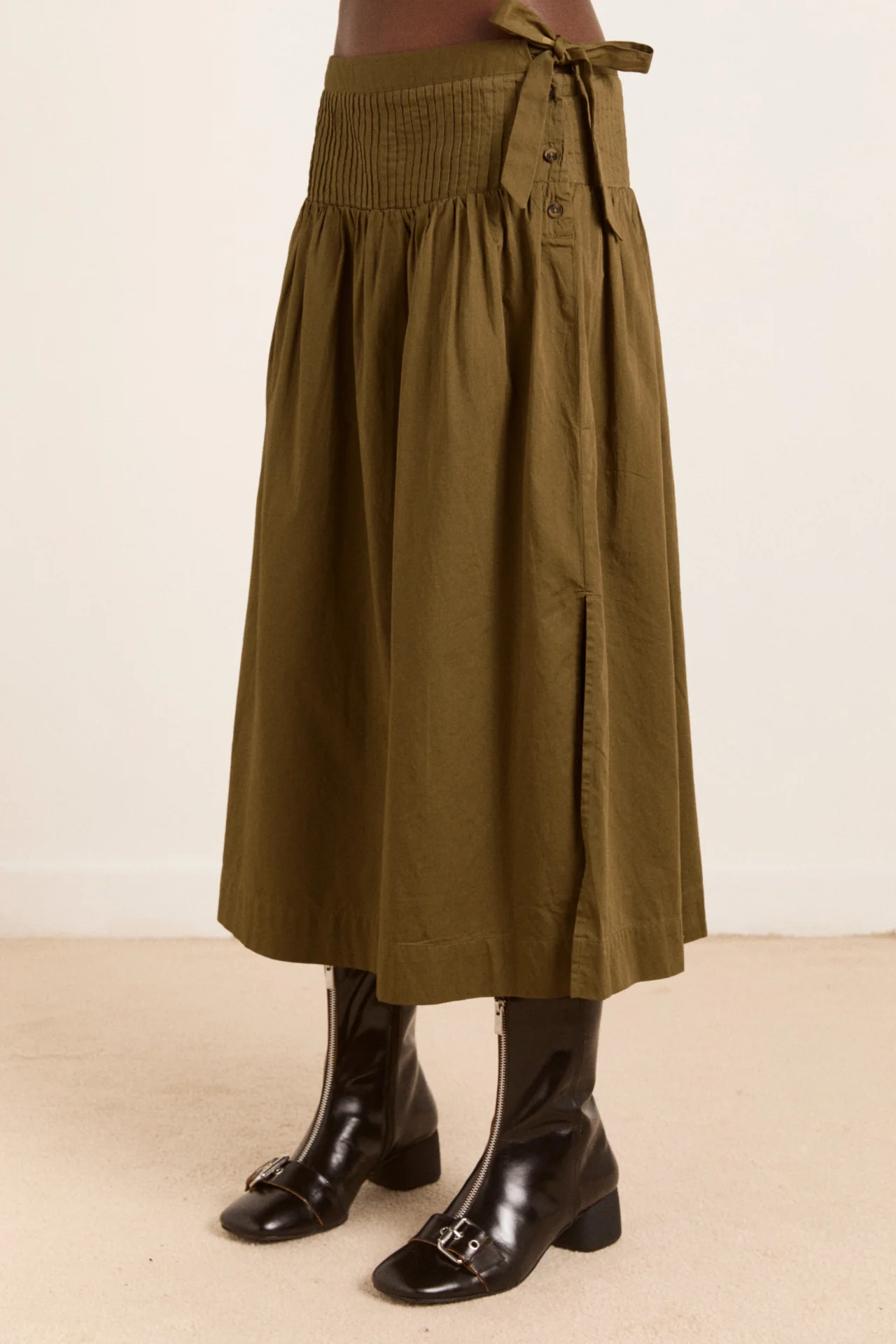 Josie Midi Skirt - Olive Cotton Satin - Image 9