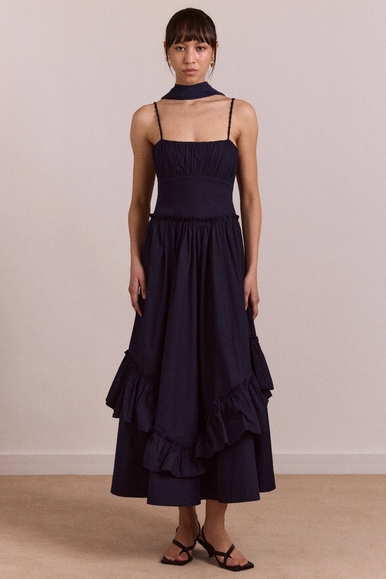 Juno Midi Dress With Sheer Scarf- Navy