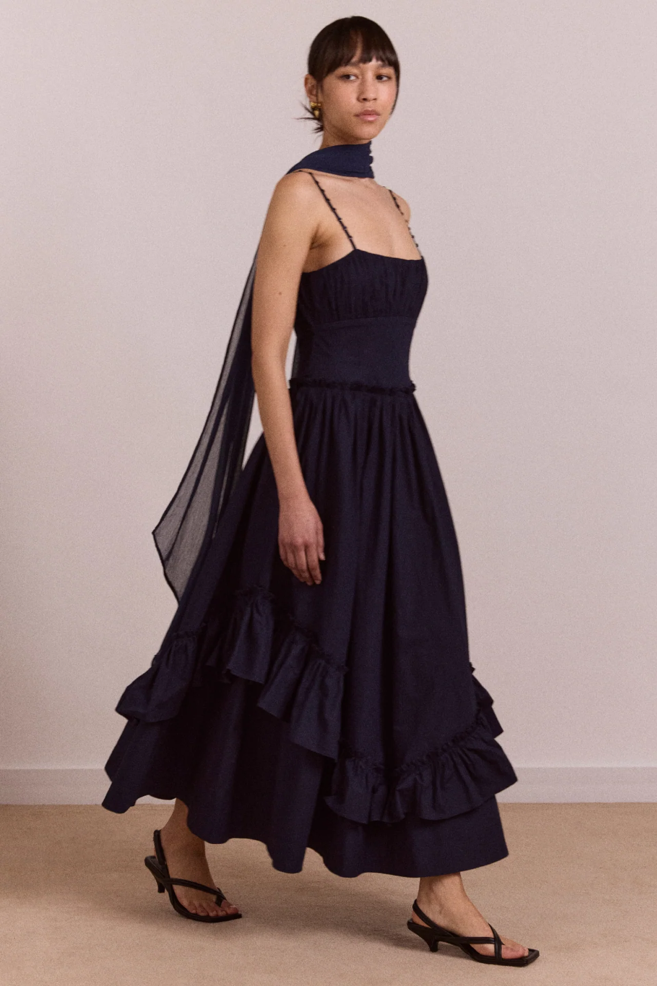 Juno Midi Dress With Sheer Scarf- Navy - Image 2