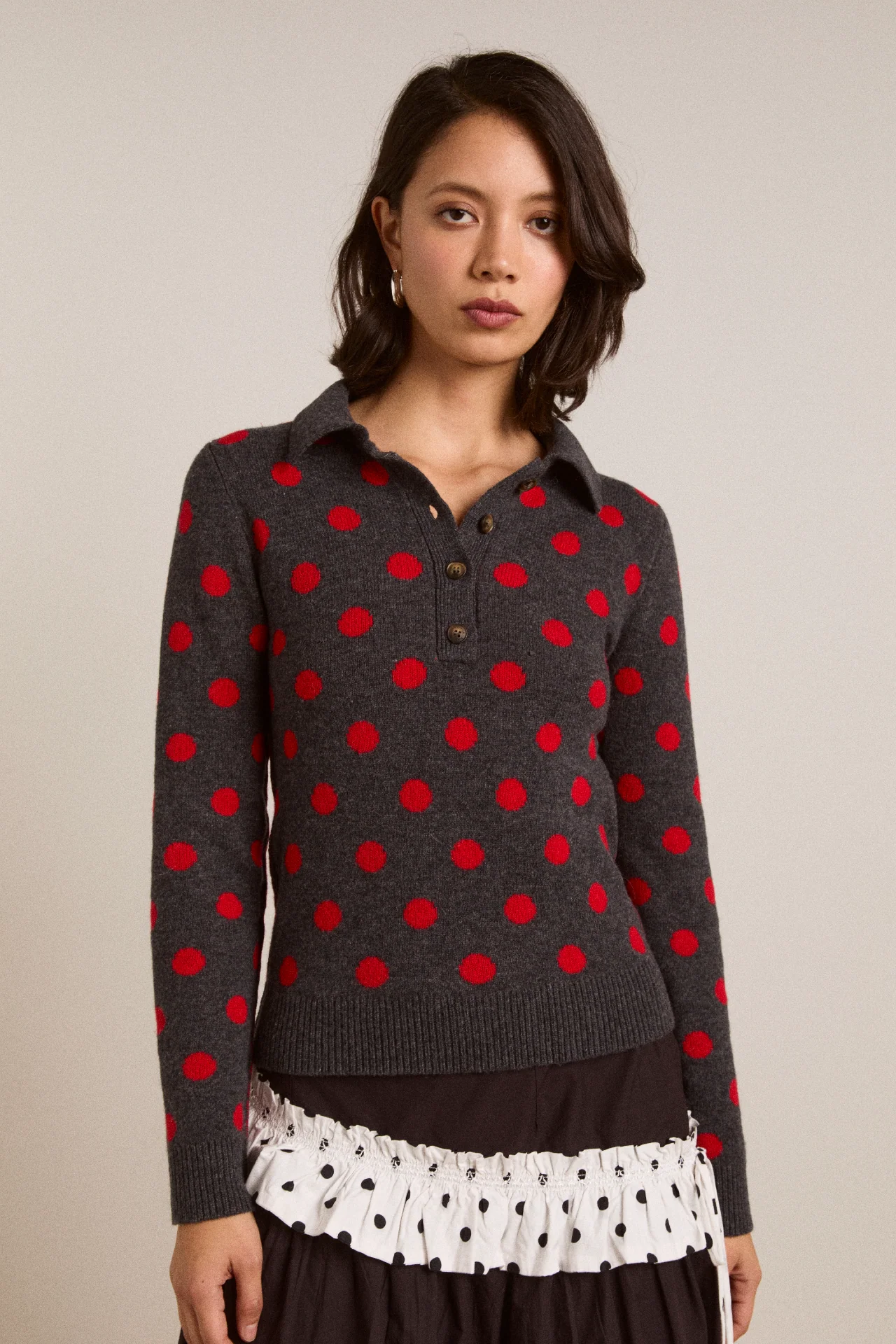 Lia Merino Wool Reversible Polo Jumper - Red/Grey Spot - Image 2