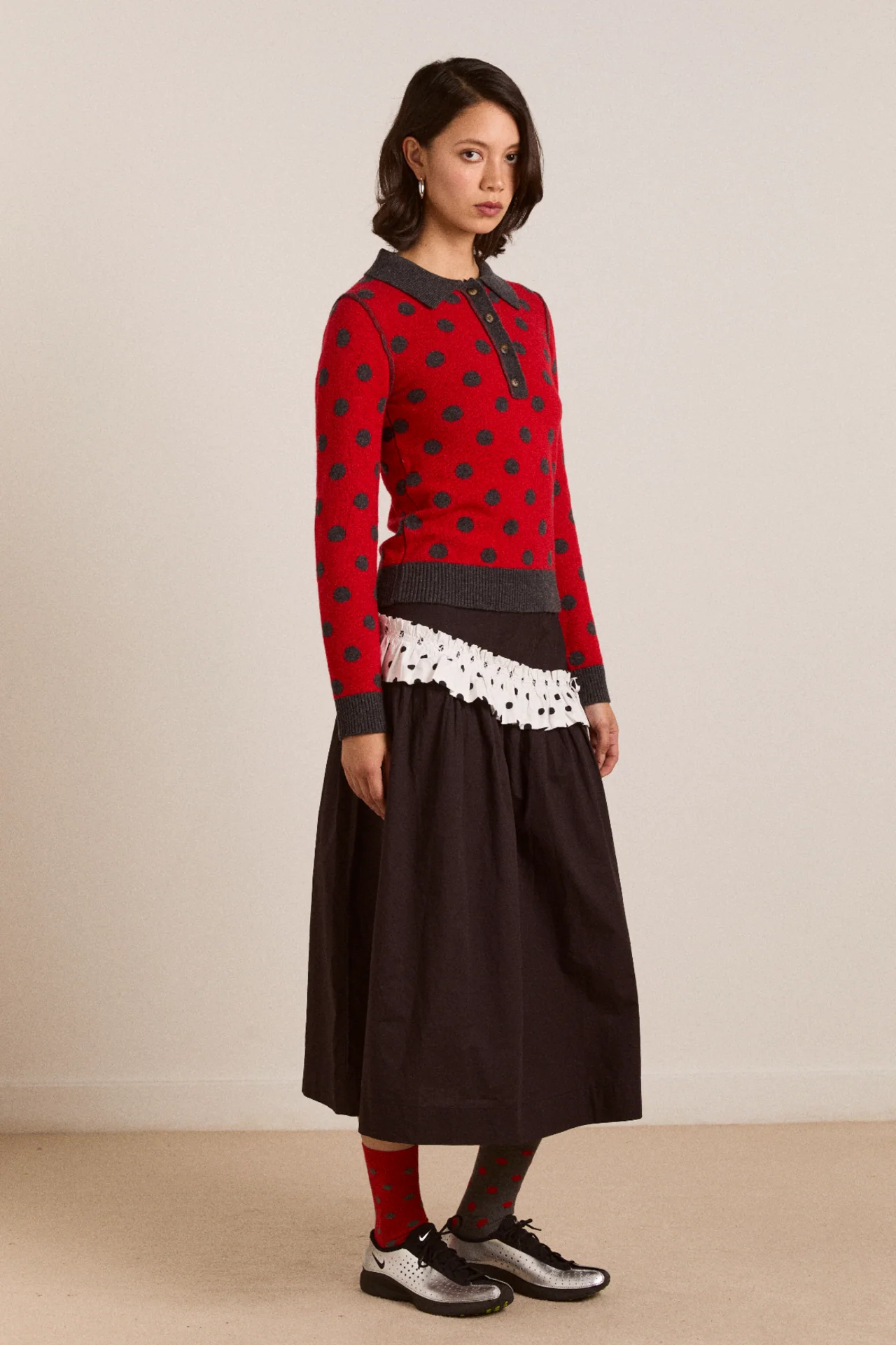 Lia Merino Wool Reversible Polo Jumper - Red/Grey Spot - Image 4