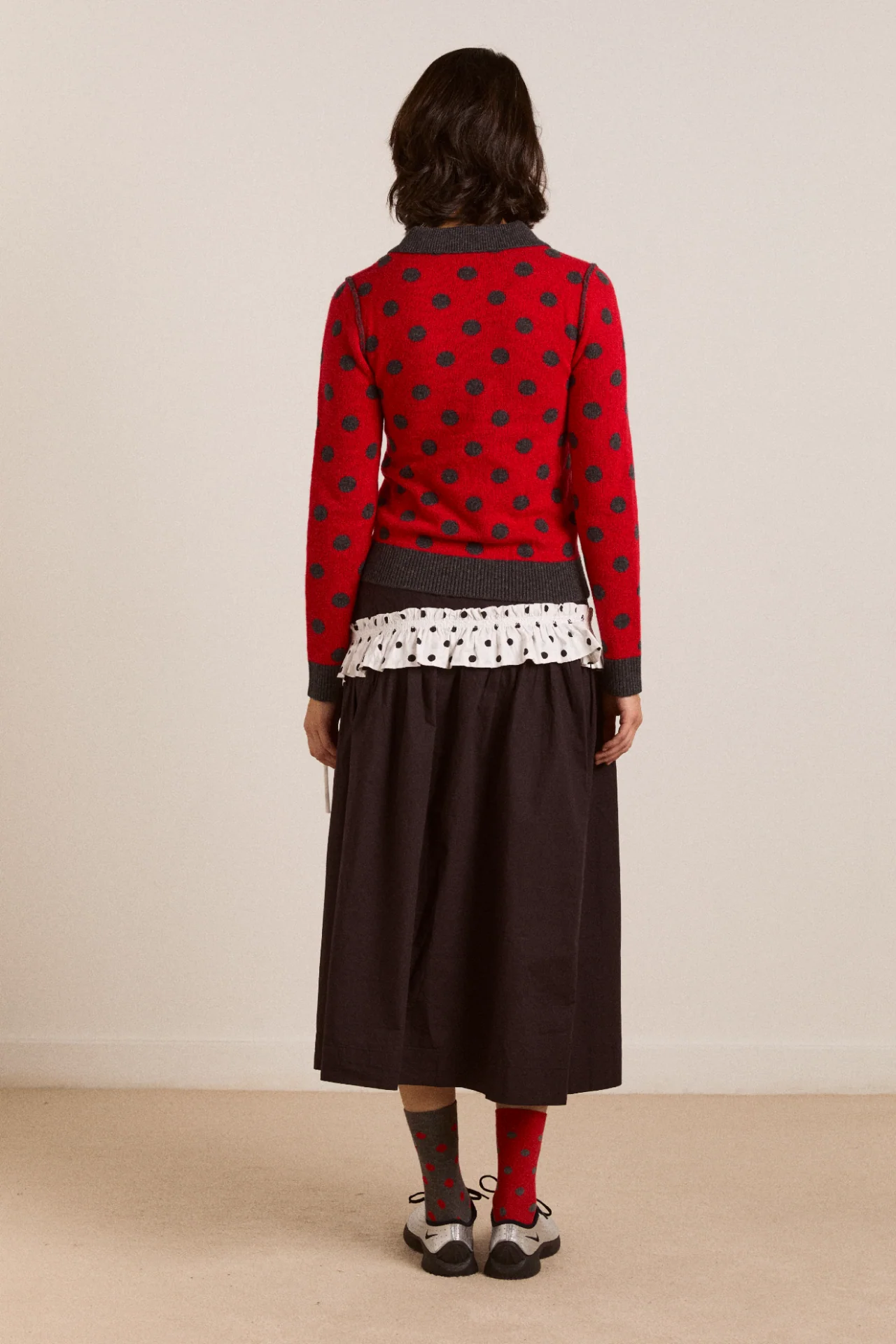 Lia Merino Wool Reversible Polo Jumper - Red/Grey Spot - Image 5
