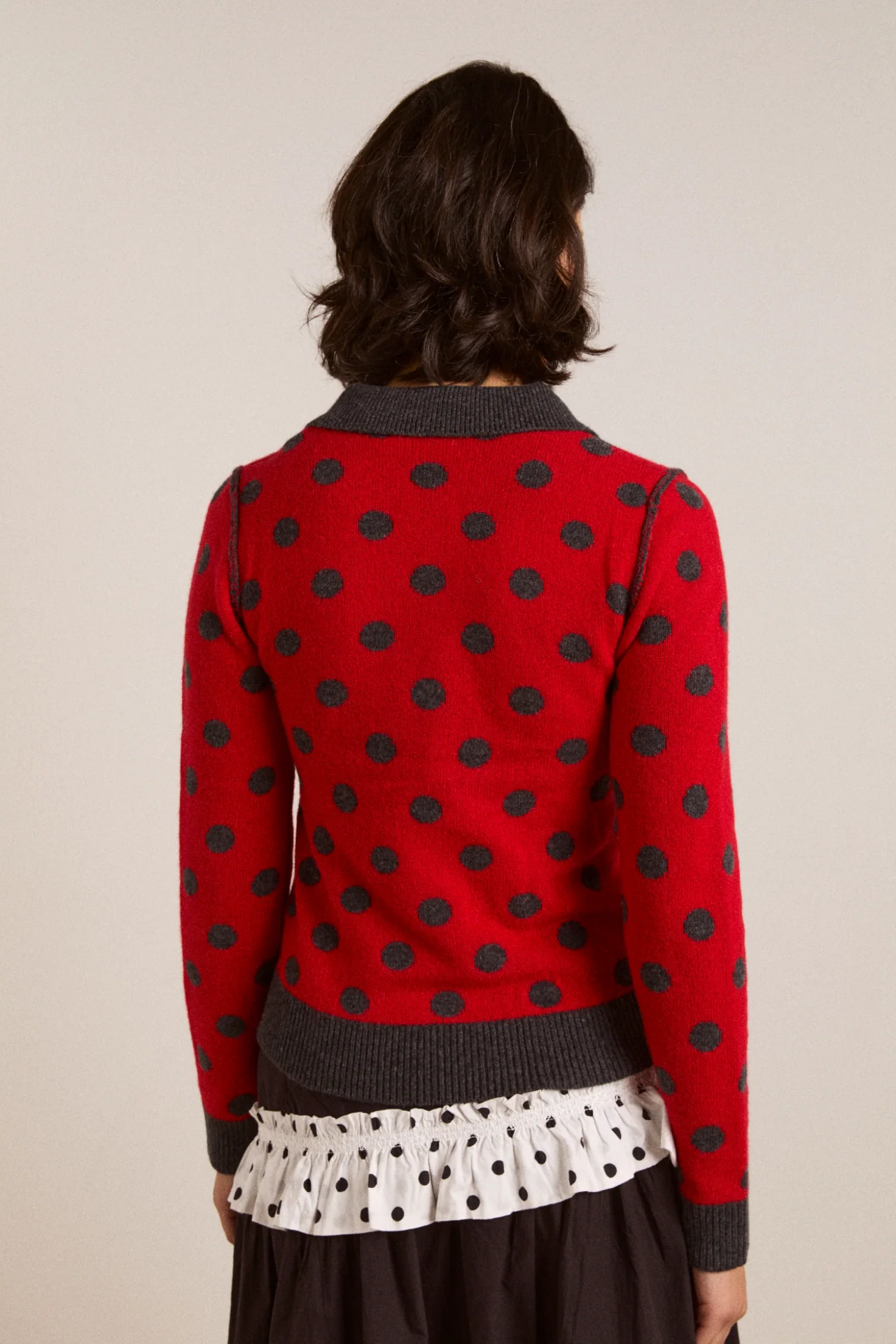 Lia Merino Wool Reversible Polo Jumper - Red/Grey Spot - Image 6