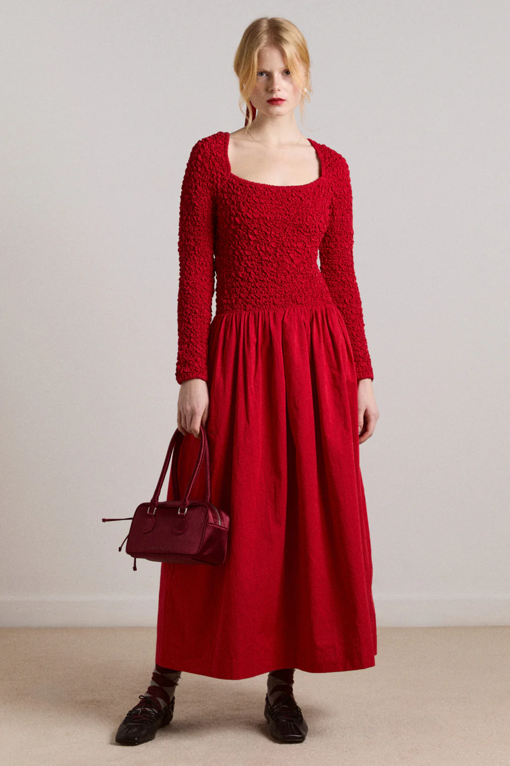 Malinda Ls Smocked Midi Dress- Red - Image 10