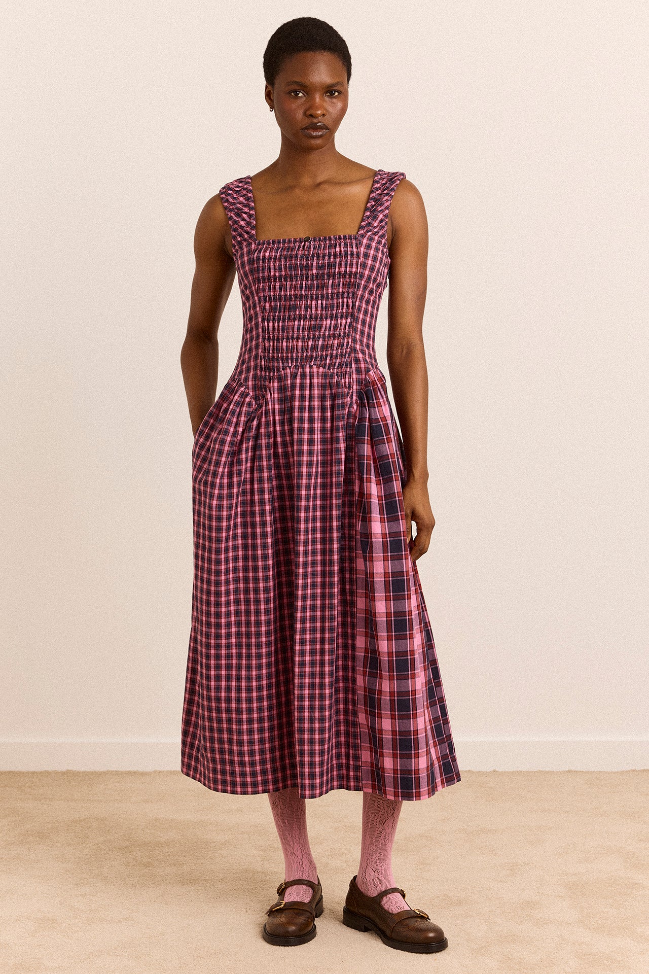 Molly Midi Dress - Magenta Check