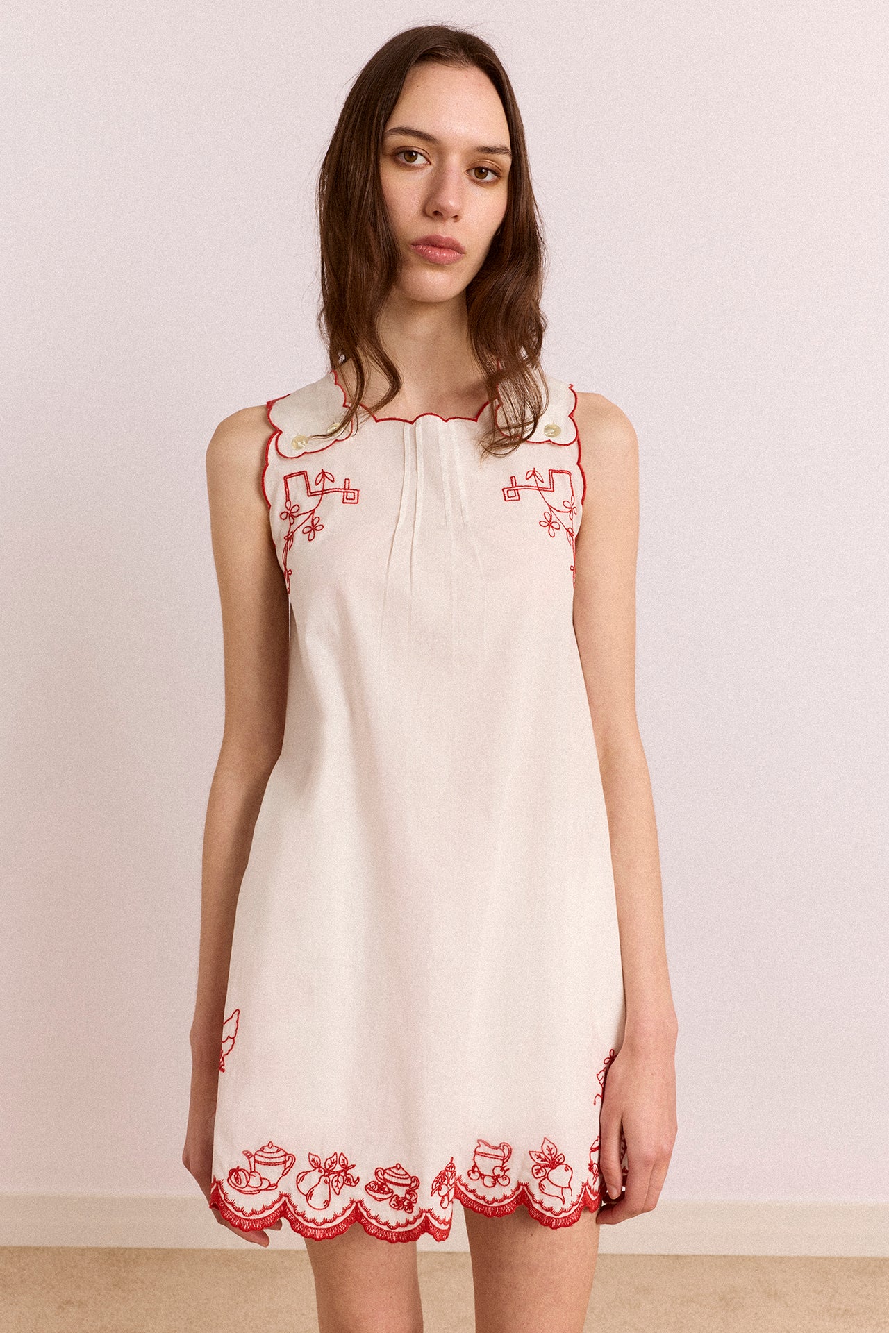 Natalina Wrap Mini Dress - White With Red Embroidery - Image 2