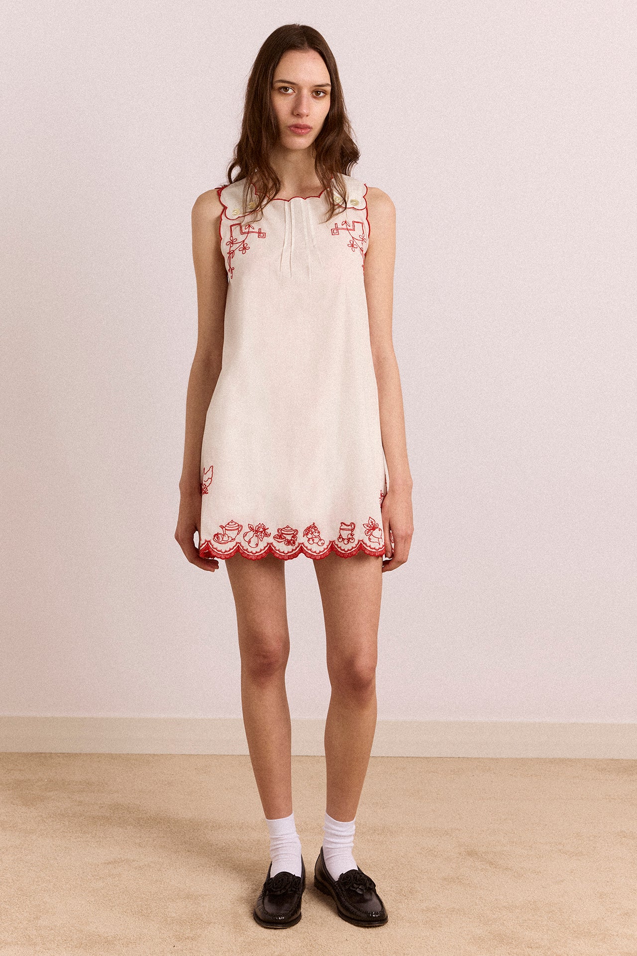 Natalina Wrap Mini Dress - White With Red Embroidery - Image 3