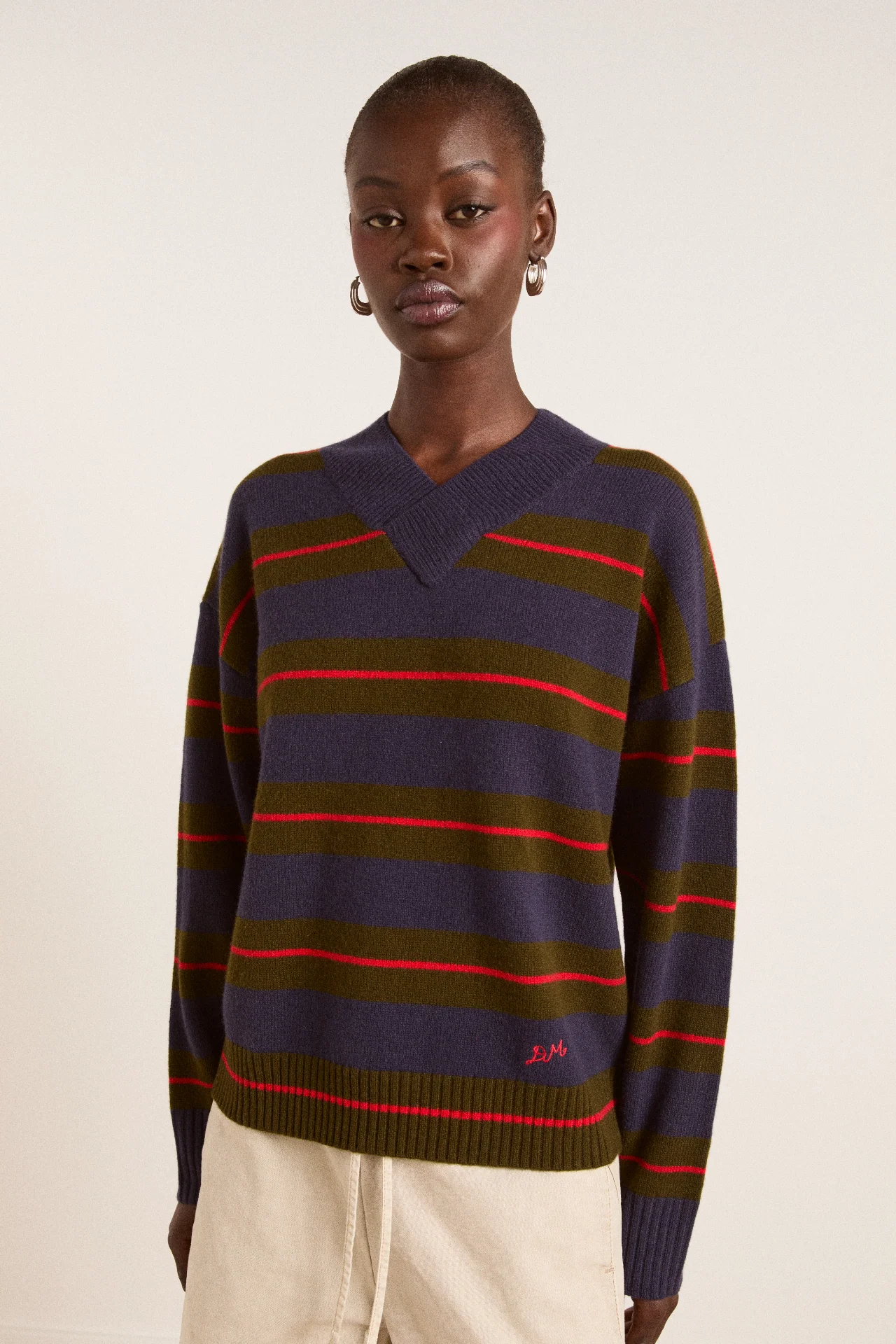 Odette V-Neck Merino Wool Jumper-Olive/Navy Stripe
