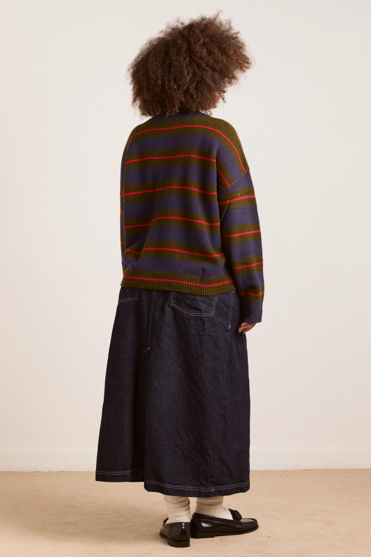 Odette V-Neck Merino Wool Jumper-Olive/Navy Stripe - Image 10