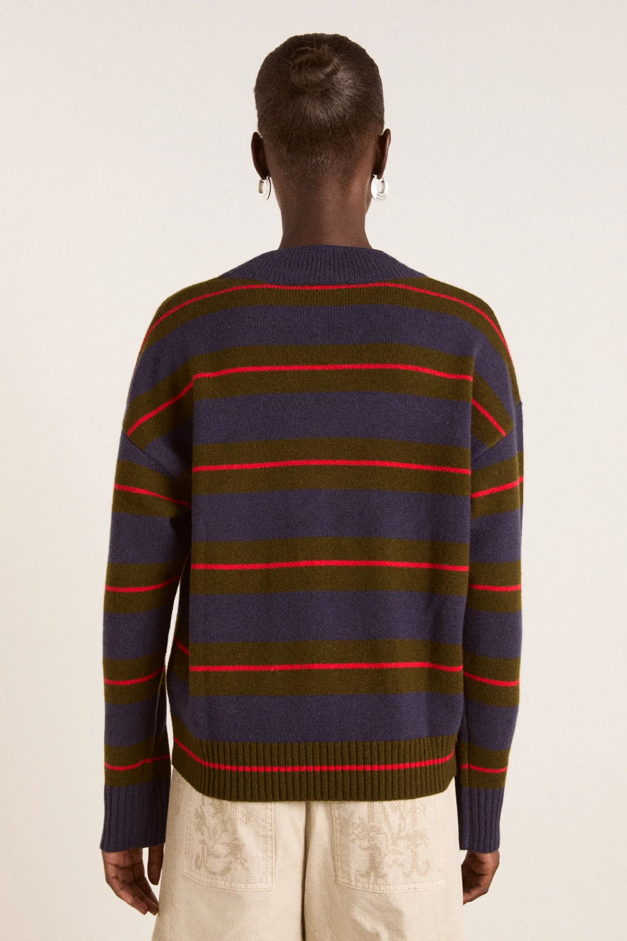 Odette V-Neck Merino Wool Jumper-Olive/Navy Stripe - Image 11