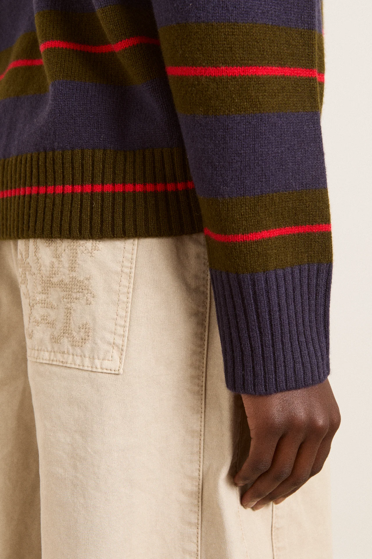 Odette V-Neck Merino Wool Jumper-Olive/Navy Stripe - Image 13
