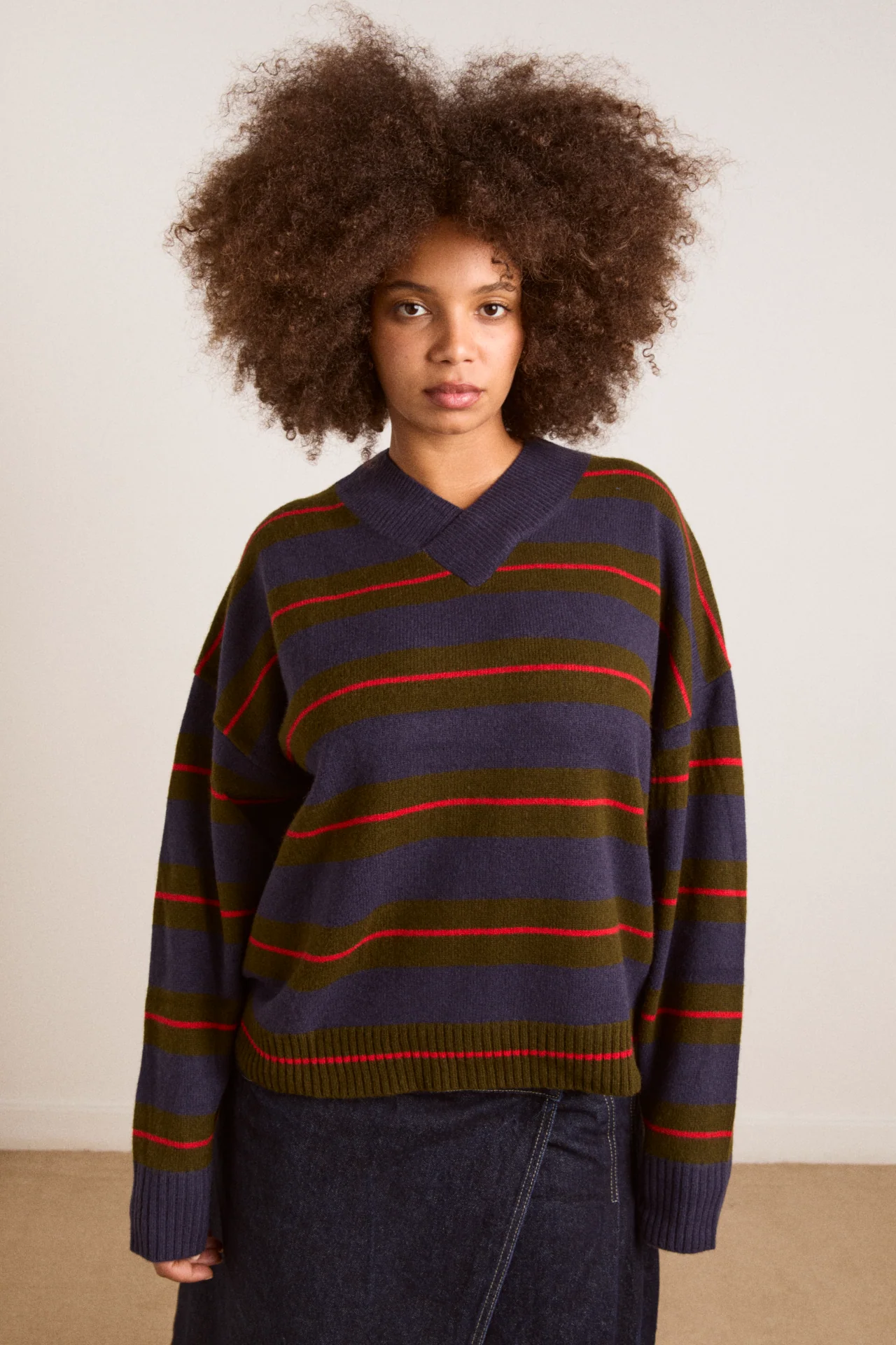 Odette V-Neck Merino Wool Jumper-Olive/Navy Stripe - Image 2