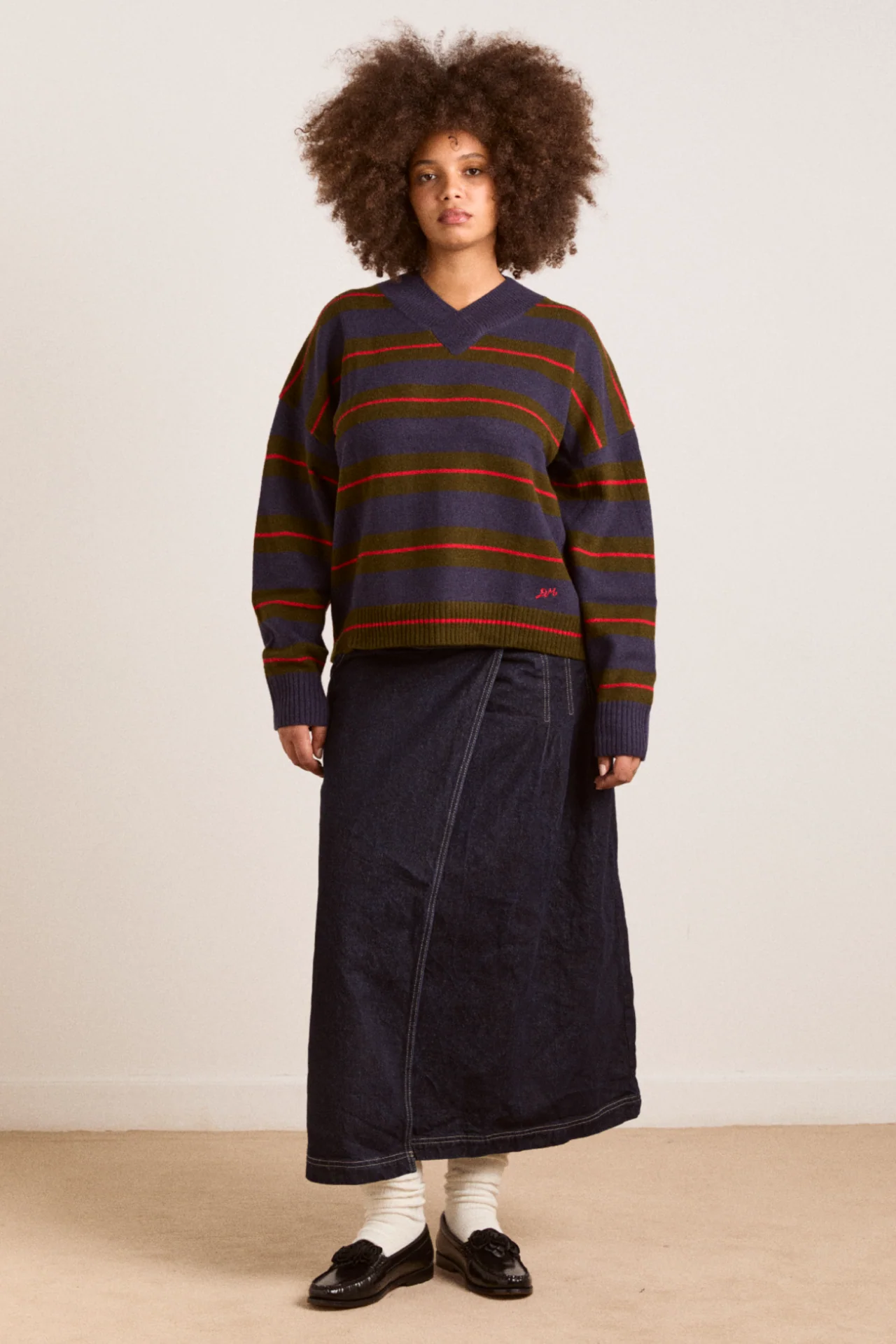Odette V-Neck Merino Wool Jumper-Olive/Navy Stripe - Image 4