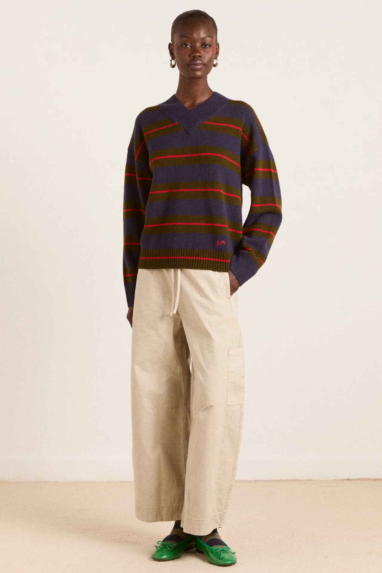 Odette V-Neck Merino Wool Jumper-Olive/Navy Stripe - Image 5