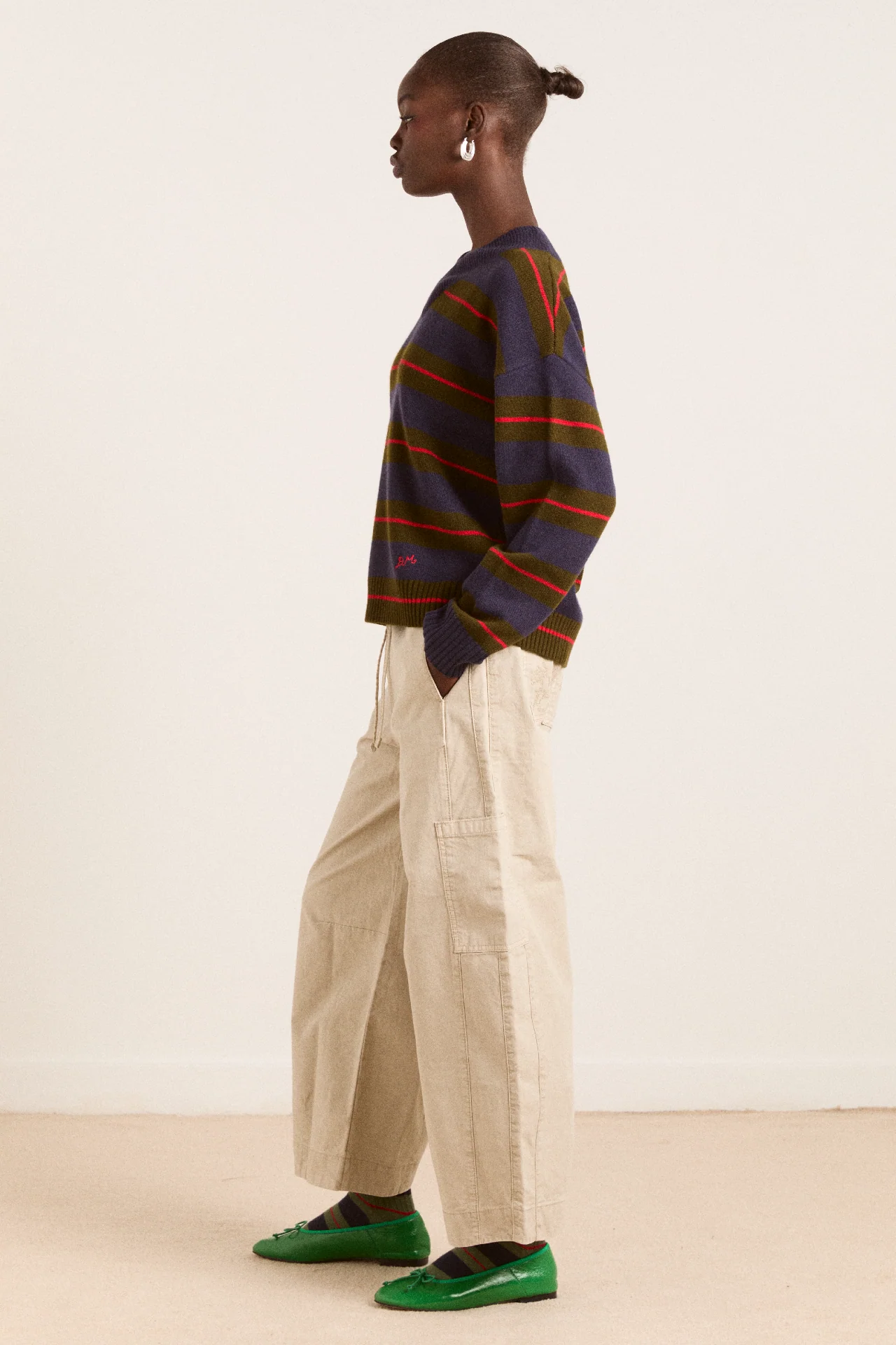 Odette V-Neck Merino Wool Jumper-Olive/Navy Stripe - Image 8