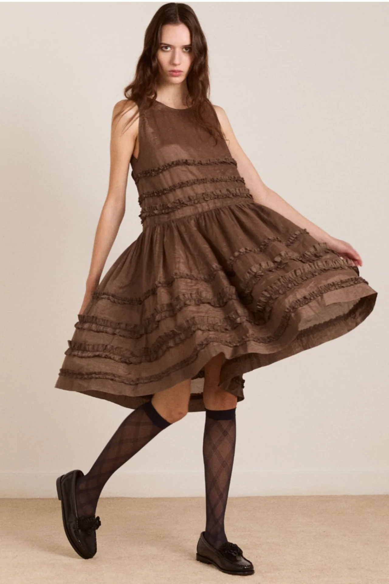 Reed Ruffle Mini Dress - Sheer Choc
