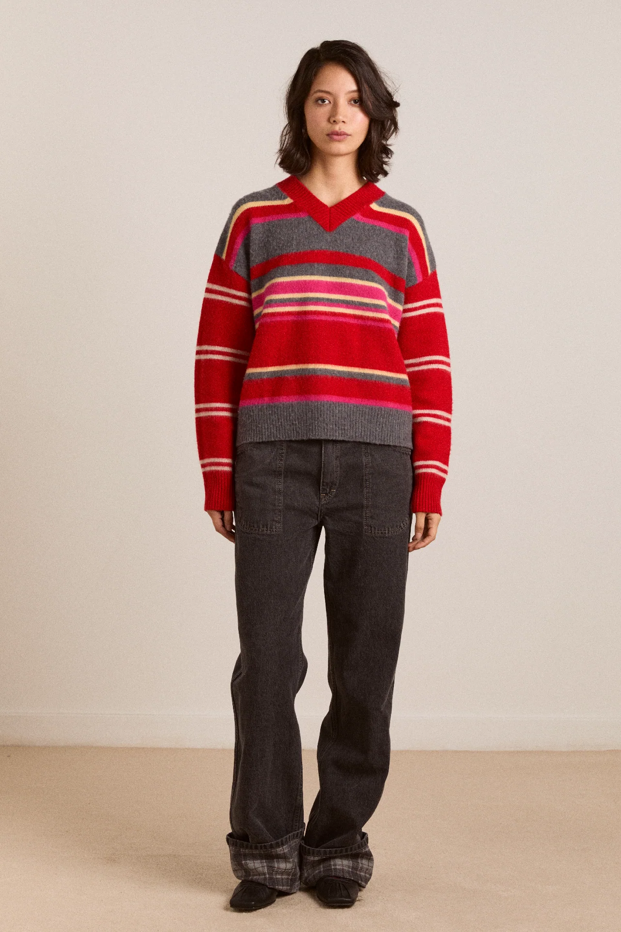Rene Merino Wool V Jumper Pink/Red Stripe - Image 2