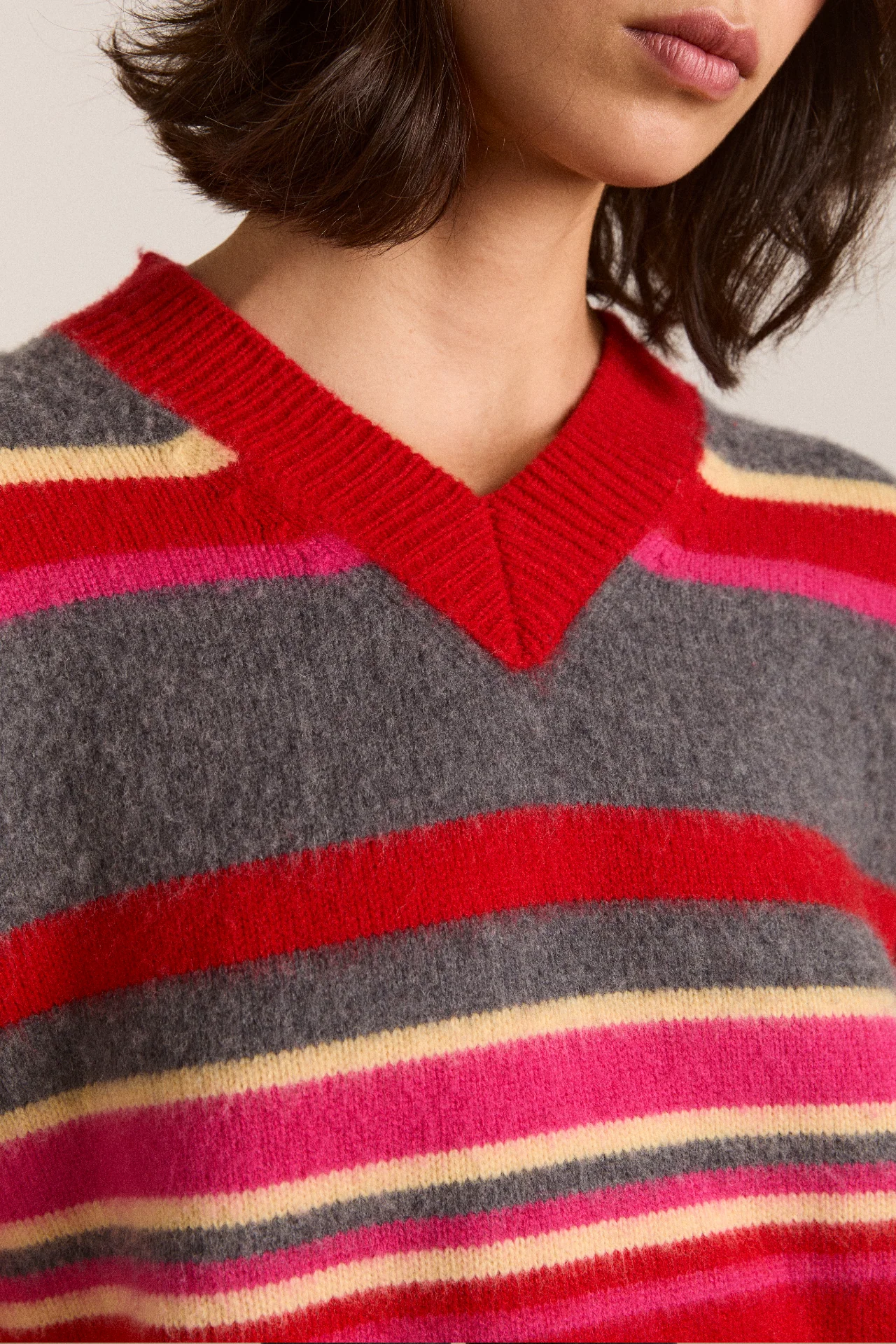 Rene Merino Wool V Jumper Pink/Red Stripe - Image 5