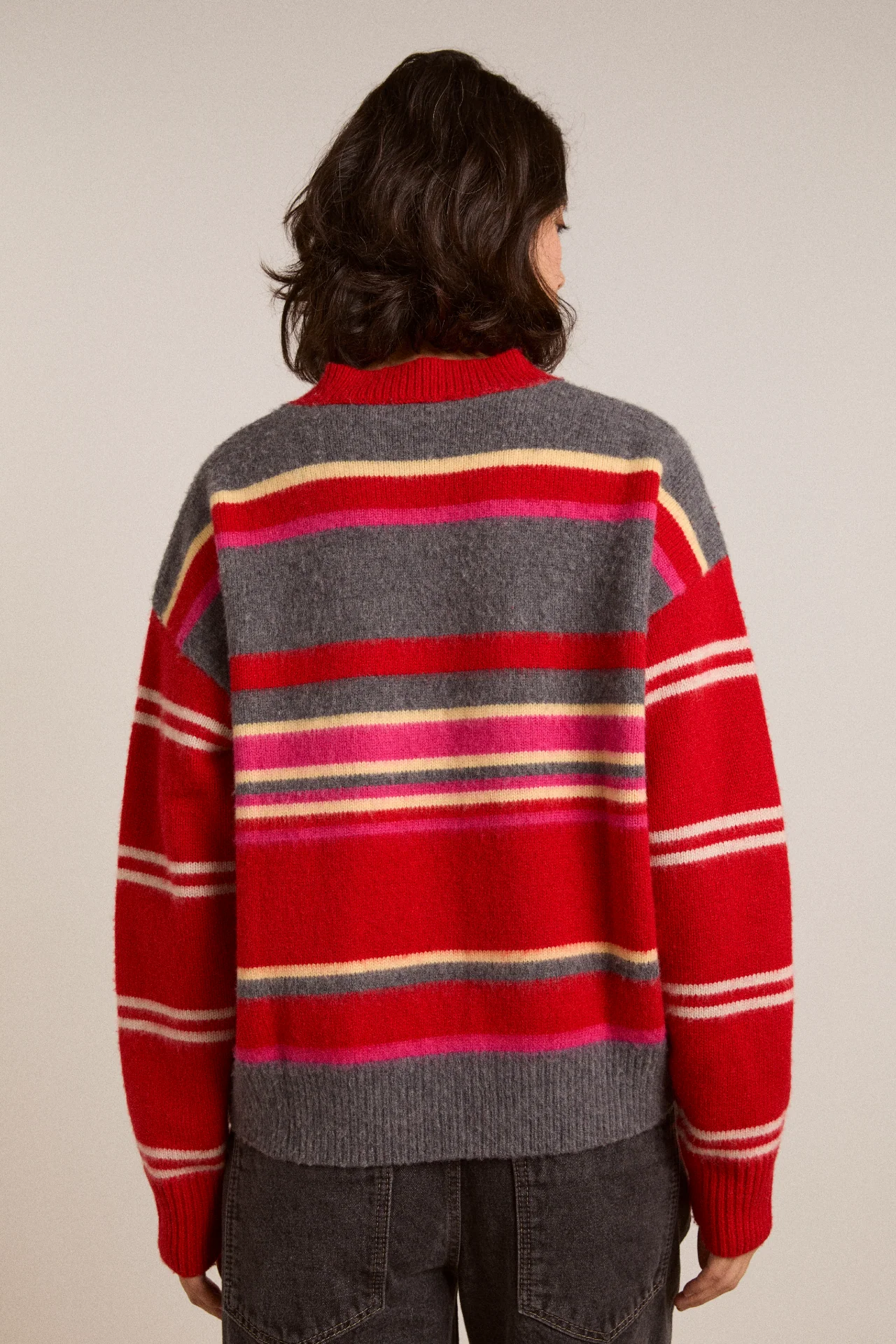 Rene Merino Wool V Jumper Pink/Red Stripe - Image 6